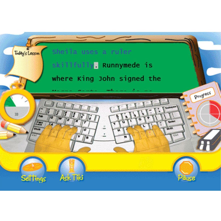 Typing Instructor for Kids screenshot of a a wood framed green screen with text to type. Underneath the screen is a keyboard with transparent hands over the top typing. To the left is a timer and to the left is a progress notebook. At the bottom are 3 menu buttons.
