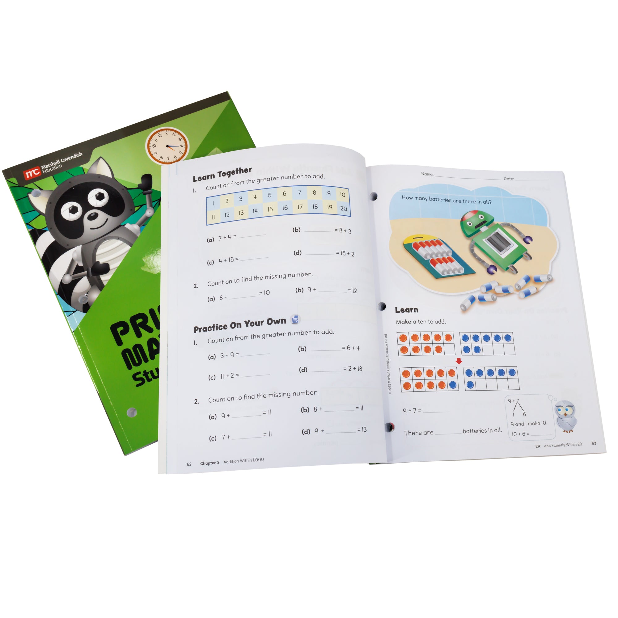 Singapore Primary Math second grade books. On top is an open book showing math problems with an illustration of a robot on the right page. Under the open book and to the left is a closed book with a racoon and green background.