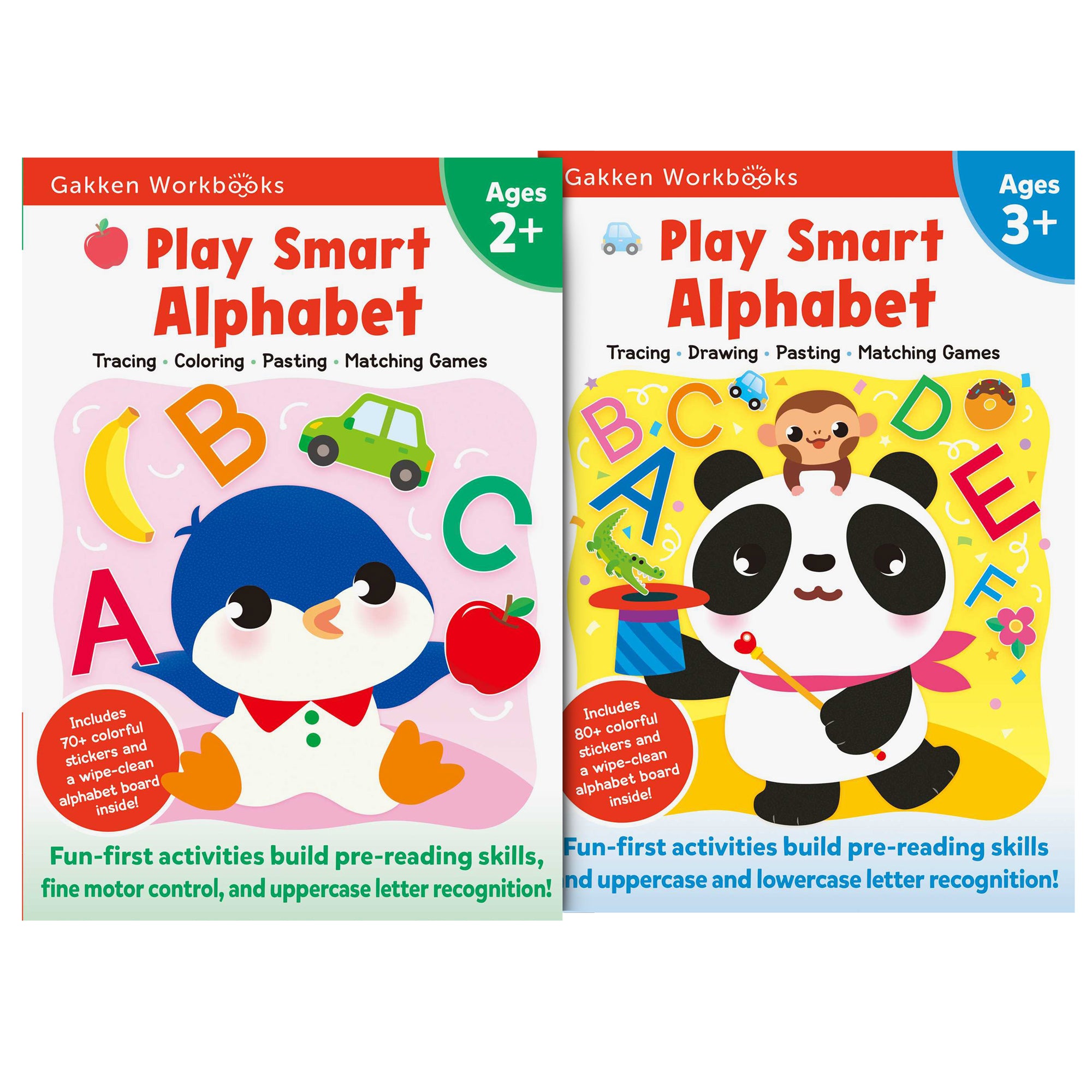 Play Smart Alphabet set, The left book shows a penguin with his wings out. Floating above his head are the letters A, B, and C and a banana, car, and apple. On the right book cover is a panda performing magic. The panda is wearing a pink scarf and holding a colorful top hat and a wand. There is a small money resting on the panda's head. Above the panda, floating in the air above the panda are the letters A, B, C, D, E, F, and several items including a baby crocodile, blue car, chocolate donut, and a flower.