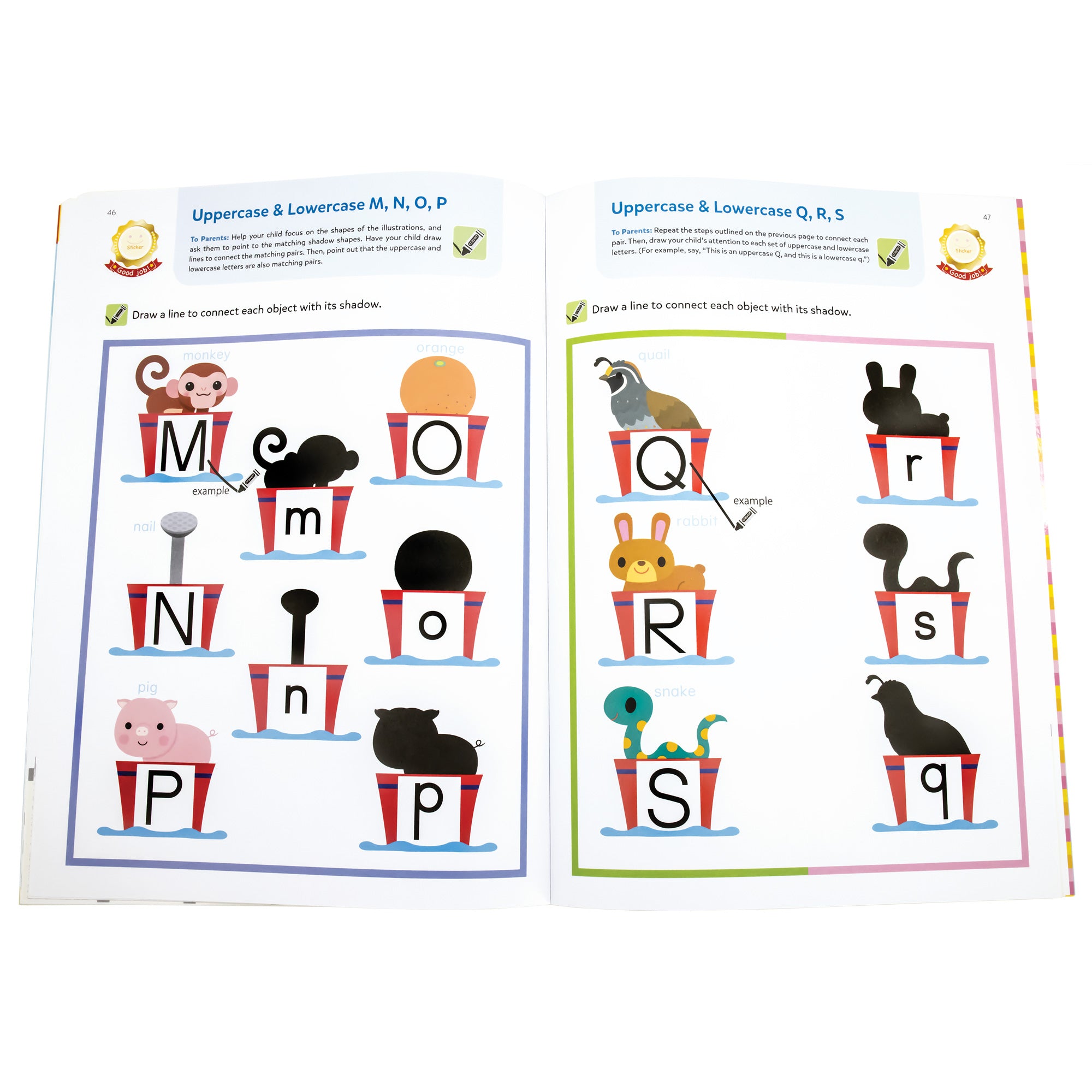 Play Smart Alphabet book open to show upper and lowercase letters that you will match. On the left page , you are matching letters m, n, o, and p. On the right page you are matching letters q, r, and s. Both pages show buckets floating in water with an object in each bucket. There are also matching silhouettes of each object nearby. You are directed to draw a line from the seen object, to the silhouette object.