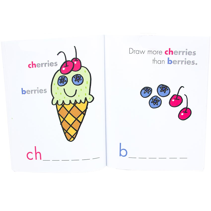 Open I Can Doodle Rhymes book. Left page shows an ice cream cone with blueberries for eyes with a smile drawn under and 2 cherries on top. Text reads "cherries" and "berries". Below is a c and h with 6 dashes to fill in the word. On the right page are 3 blueberries and 2 cherries with the text "draw more cherries than berries." Below is a b with 6 dashes to fill in the word.