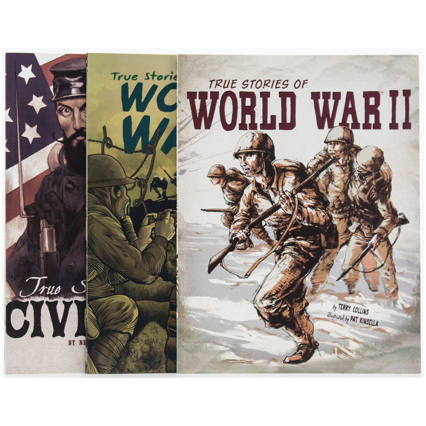 True Stories of War, set of 3 graphic novels. True Stories of the Civil War shows 2 soldiers divided. The left soldier stands in front of the American flag. The right soldier stands in front of a Confederate flag. True Stories of World War 1 shows a man controlling a war gun while soldiers head into battle. True Stories of World War 2 shows 4 soldiers on moving through water with their weapons ready. The soldier to the right is holding up another soldier.
