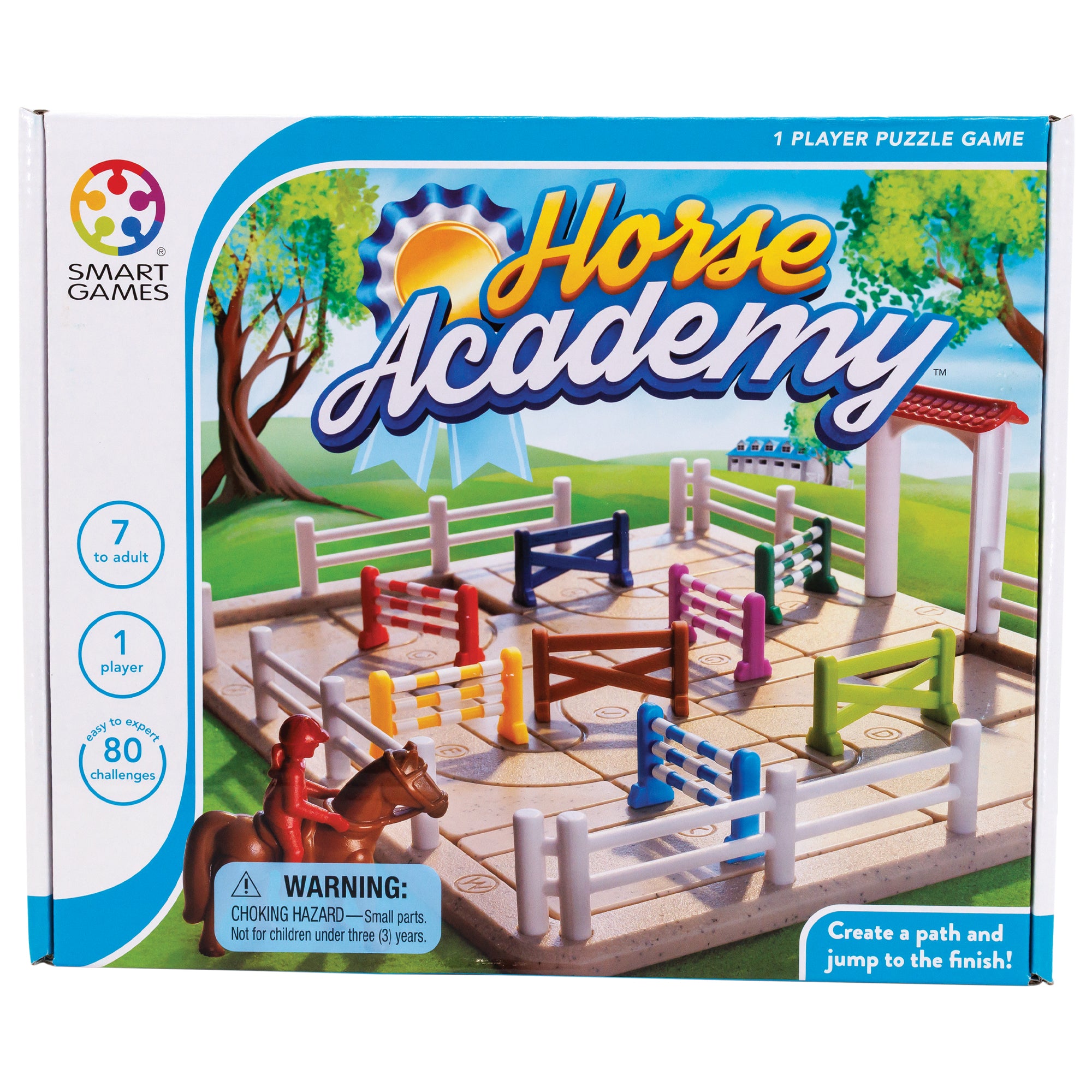 The Horse Academy game box. The box cover shows the game in play. The game board is a sand-colored rectangle with white fence pieces around the edges. There a several jumping fence pieces in many colors on the game board. Off to the side is a red girl character on top of a horse piece. The background shows trees, grass, and a stable.