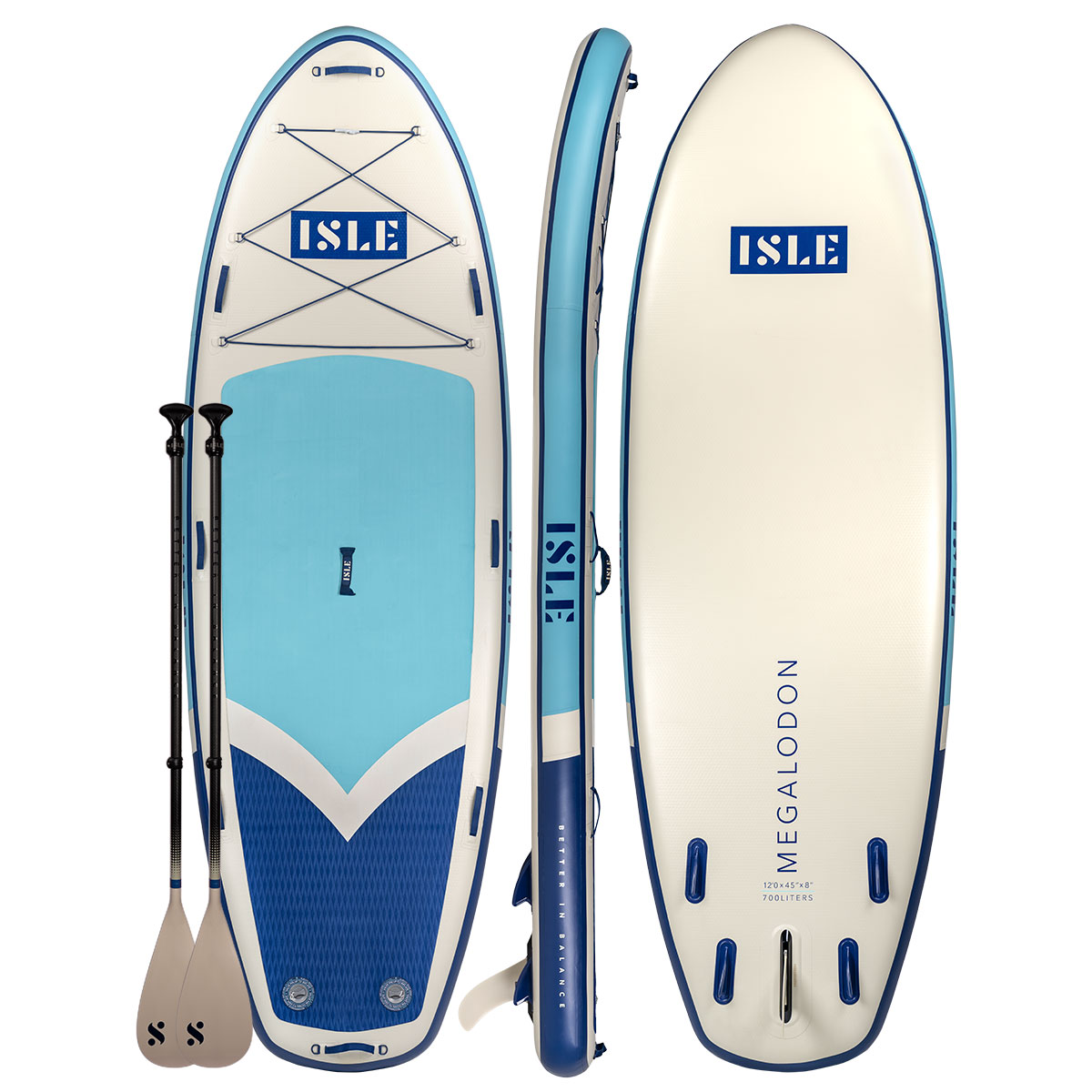 Megalodon 2.0Stand Up Paddle Board PackageThe perfect board for bringing friends and family along for tandem paddling, this multi-person, inflatable paddle board is constructed with a double-layer drop stitch construction, making it our most durable build yet. It's the largest SUP in our collection, made for the most fun.