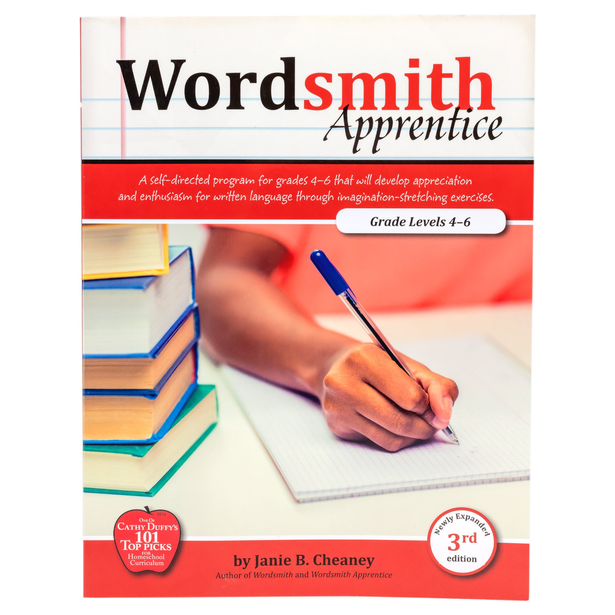 Wordsmith Apprentice book cover. The background shows a notebook page at the top with the title over the top. Under that are 2 red stripes. Between the stripes is a picture of a child writing in a notebook with a pen. To the left of the child, there is a stack of books.