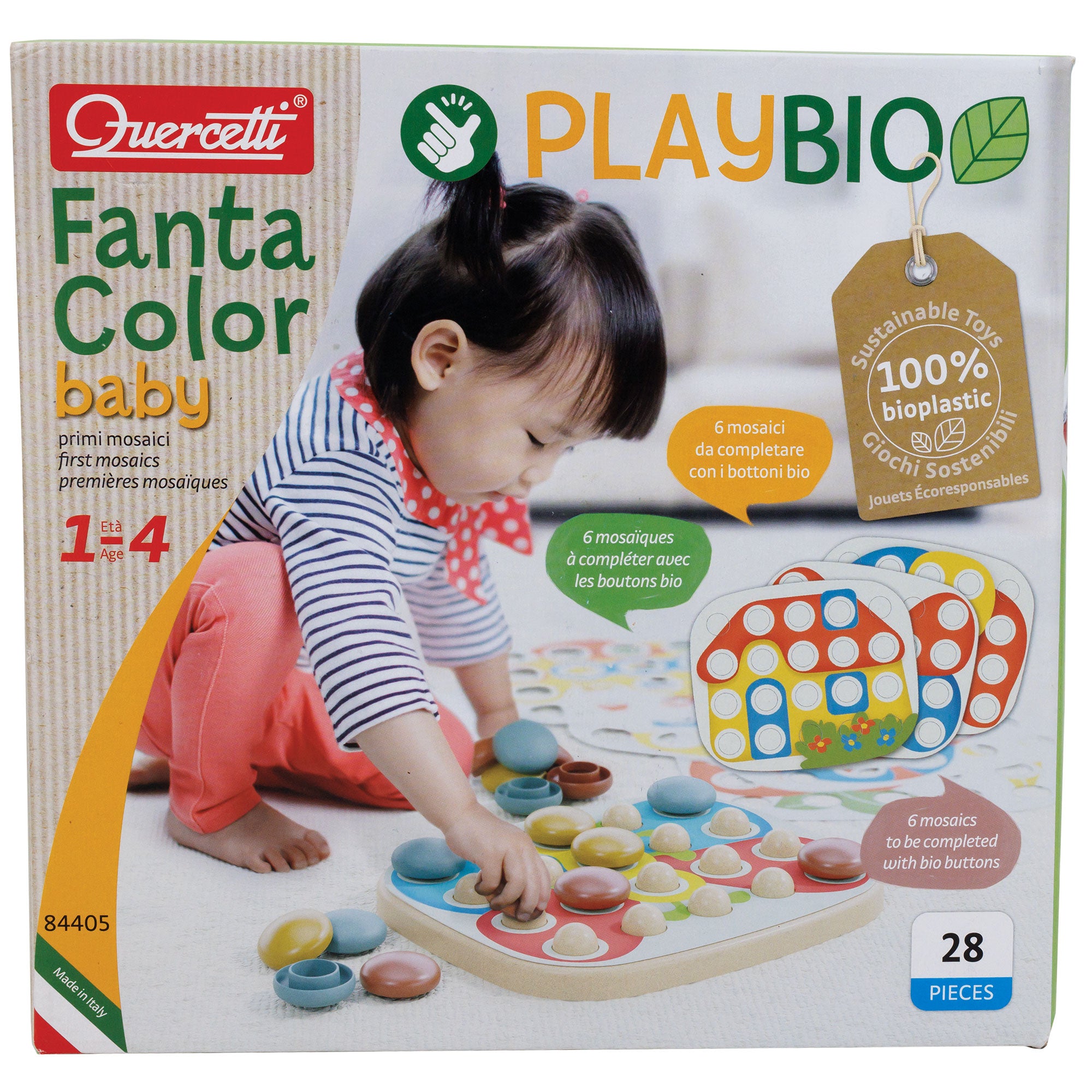 Quercetti Fanta Color Baby product box. In the middle of the box is a black-haired toddler girl playing with the butterfly puzzle. She is putting a red round piece onto the pegboard on the floor. Scattered around her are the round peg cover pieces and picture cards. On top of the picture are 2 picture boards and text with the title and a note that the item is 100 percent bio plastic.