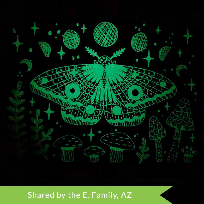 A customer photo of the Djeco At Night Scratch Board butterfly project. The background appears black and scratched portions are glowing a bright green in the dark. There is a large butterfly in the middle with patterns scratched on its’ wings. There are mushrooms and plants at the bottom. In the night sky are 7 phases of the moon.