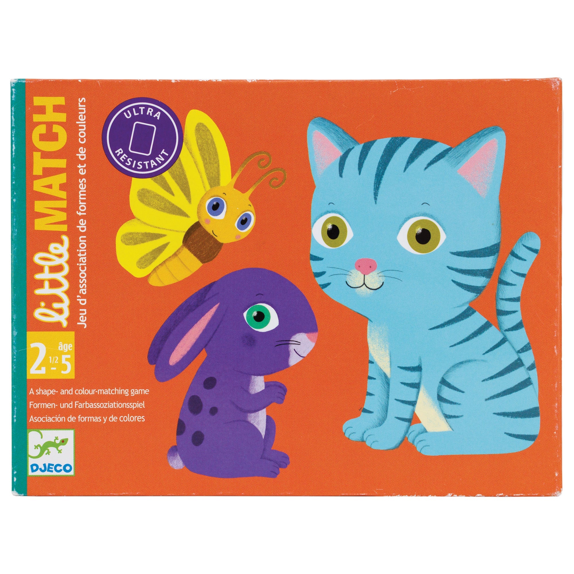 Djeco Little Match game box. The box is dark orange with a teal stripe on the left side. There are 3 animals in the middle; a yellow butterfly, blue cat, and purple bunny. They are all smiling and looking straight at you.