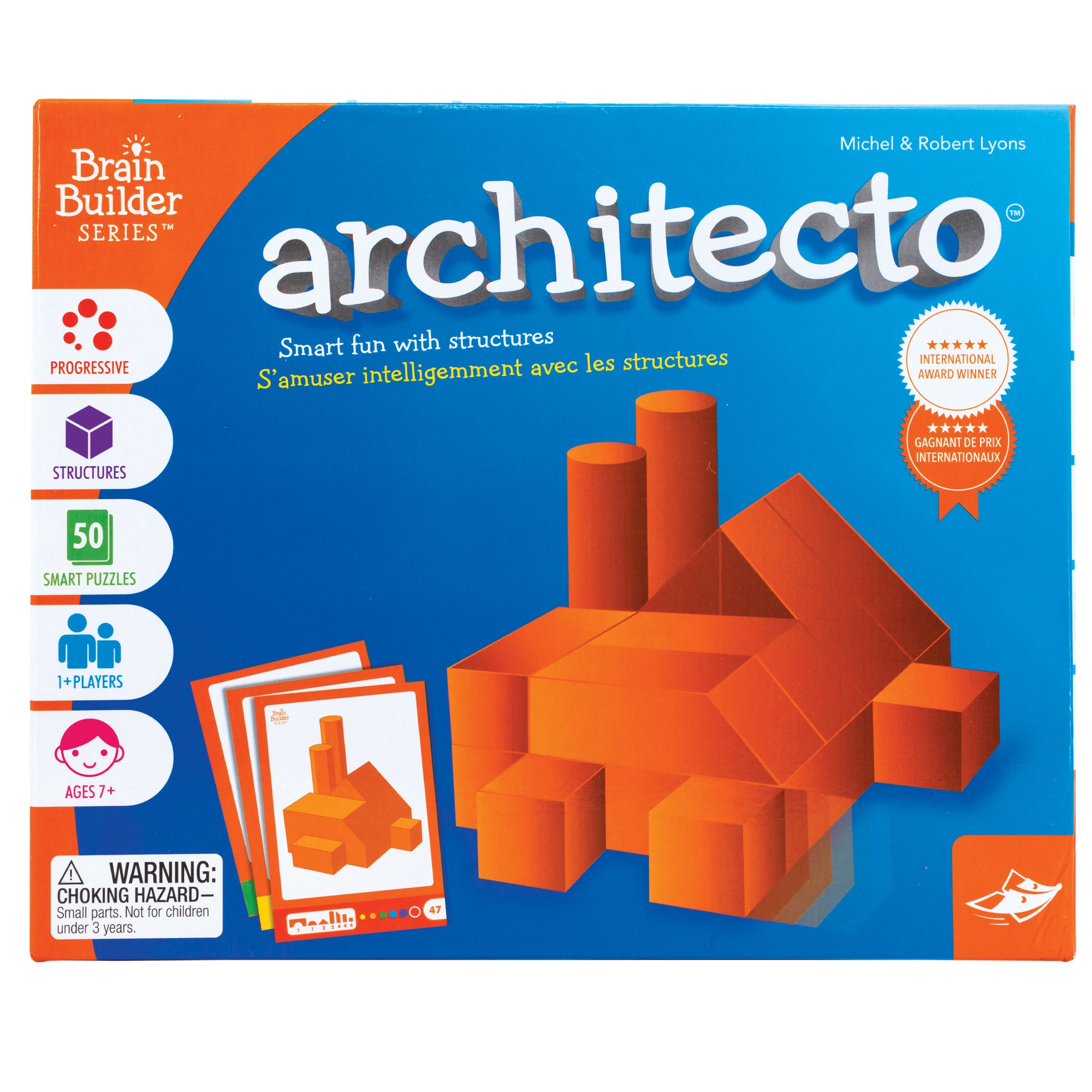 The Architecto game box cover background is mostly blue with a curved orange border on the left. The illustration in the middle is a structure created from the Architecto pieces. It looks like a factory with square pieces at the bottom, triangle pieces stacked on top, and 2 cylindrical pieces in the back left. There are 3 challenges fanned out to the left. The only visible card on top shows the structure on the box. Text reads “progressive, structure, 50 smart puzzles, 1 + players, ages 7 +.”