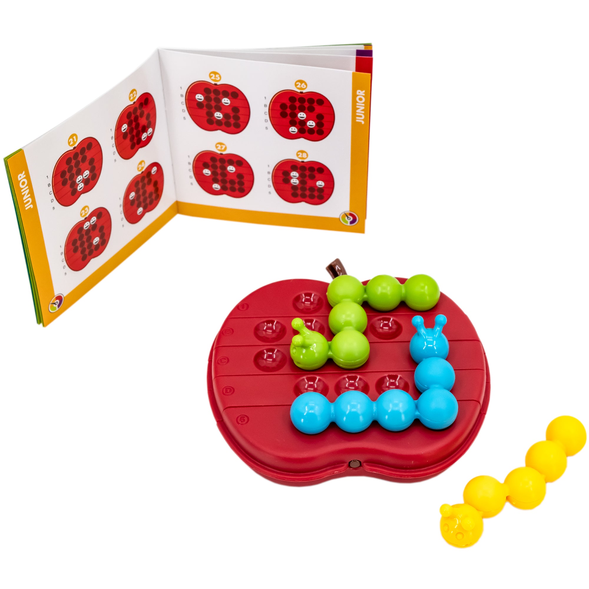 The Apple Twist Smart Game laid out with the green and blue caterpillar pieces in place on the board and the yellow caterpillar off to the right side, waiting to be put in place. In the upper-right is the instruction booklet open to one of the junior activities.