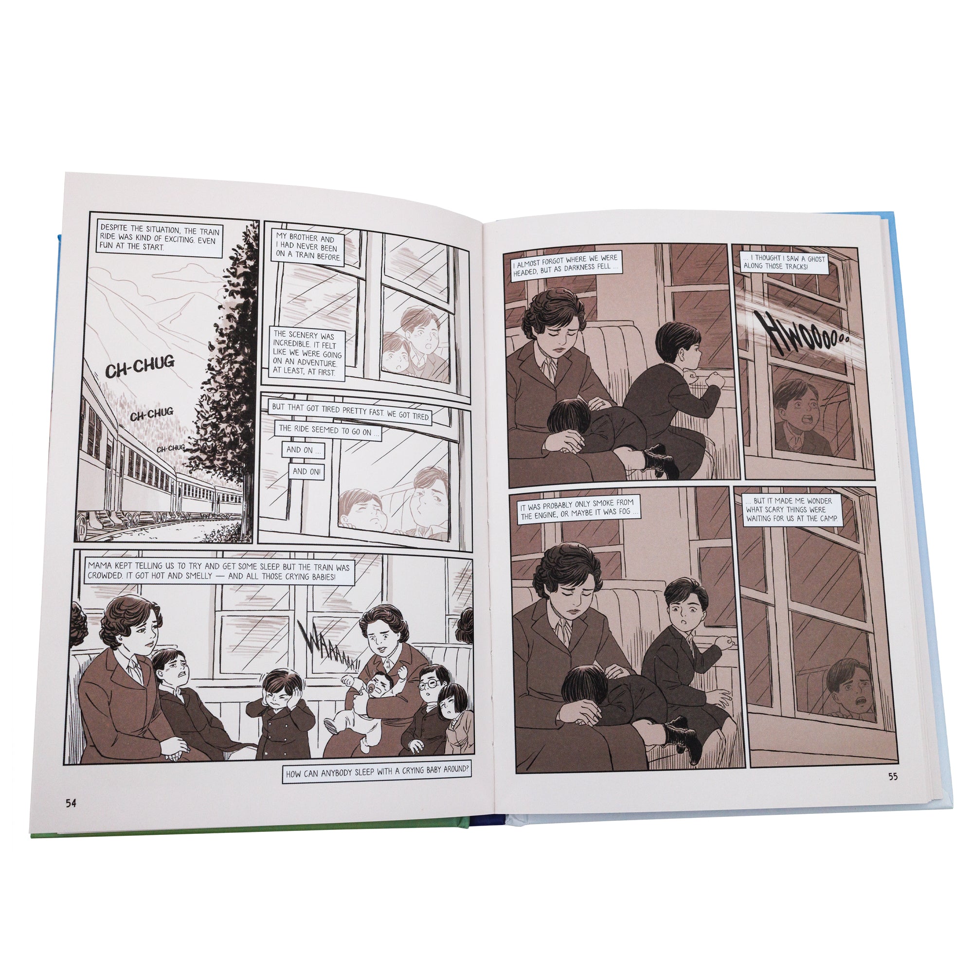 Stealing Home book open to show inside pages. The pages are in a comic book format. The part of the story on the pages shows a mother with her 2 boys on a train. The boys were excited at first, but the crowdedness and long distance to the camp was getting more difficult.