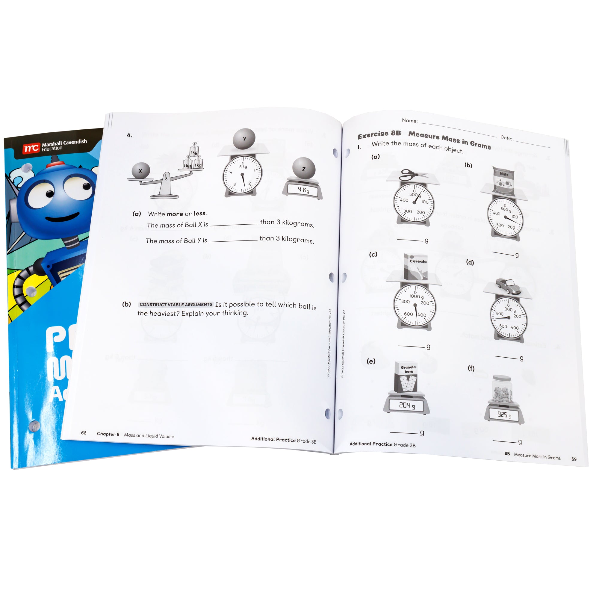 Singapore Primary Math third grade books. On top is an open book showing math problems with an illustrations of scales with different objects and weights. Under the open book and to the left is a closed book with a robot and blue background.