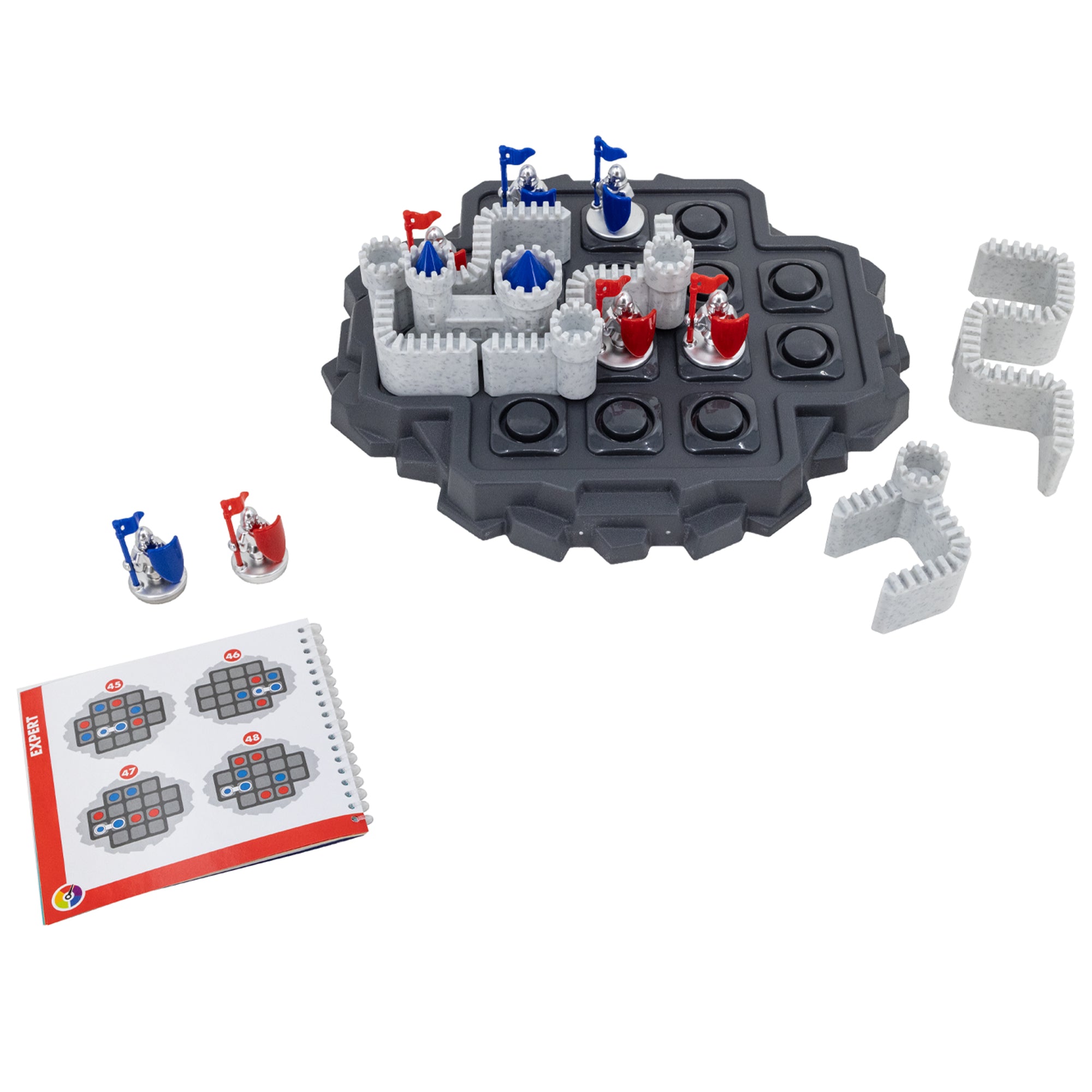 Walls & Warriors game. The game base looks like a gray rock island with circles cut into squares on the top, allowing game pieces to be put in place. There are castle wall pieces and silver knight pieces with red and blue flags and shields. There are 3 castle wall pieces, 2 blue knights, and 3 red knight pieces on the board. Off to the sides are 2 more castle wall pieces and 2 knight pieces. To the bottom-left is the instruction booklet open to show an expert challenge.