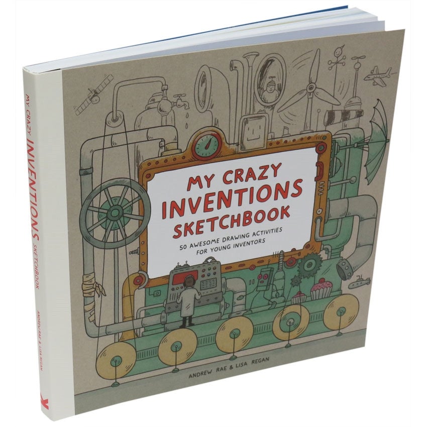 My Crazy Inventions Sketchbook book cover. The cover is a dark beige with a large machine drawn and partially colored in covering the entire cover. The machine has large tanks, vents, fans, wheels, gears, and many other components to it. There is a main in front of a large control panel toward the bottom-left. The title in the middle appears to be on a large screen on the machine. Under the title is text reading “50 awesome drawing activities for young inventors.”