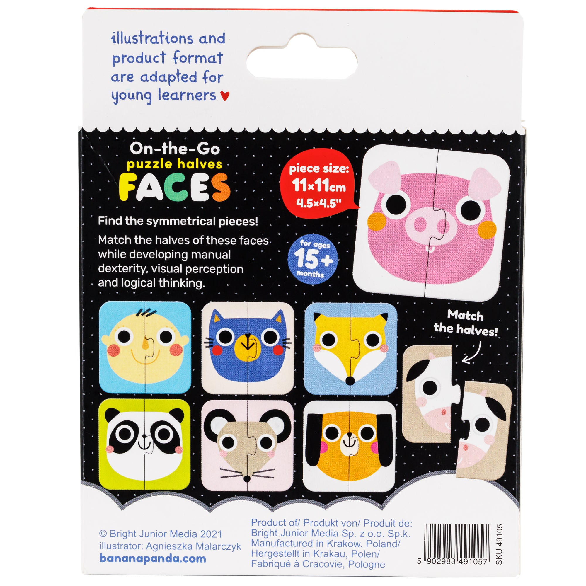 On the Go, Puzzle Halves, Faces packaging back. The back is white on top and bottom and black with white polka dots in the middle. Inside the black area, you can see several puzzles, including a pig, baby, cat, fox, panda, mouse, dog, and a cow. The cow puzzle is separated with the words “match the halves” written in white above with an arrow pointing to the puzzle.
