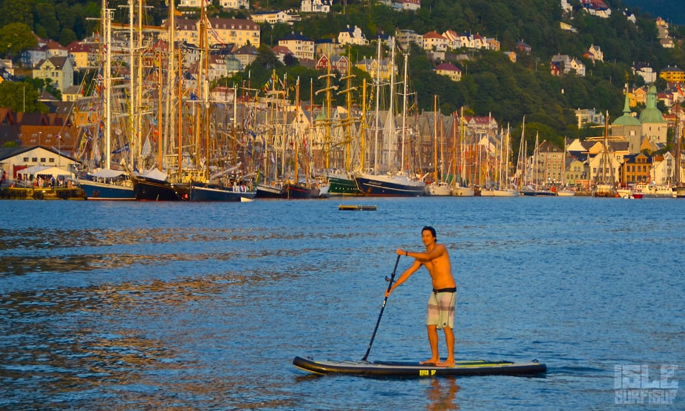 isle team rider Larry paddling an inflatable paddle board explorer at Tall ships festival Norway