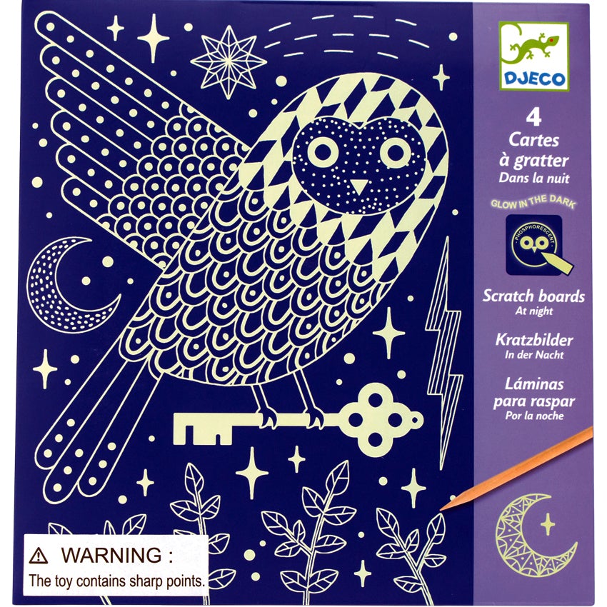 Djeco At Night Scratch Boards cover. The background is a very dark violet with a lighter purple border on the left. The main picture is of a patterned owl holding a key in its’ talons. There are stars in the night sky and leafy plants coming up from the bottom. The objects are all a light-yellow color, showing that they glow in the dark. The left side has white text that says it contains 4 projects and also indicates that the boards glow in the dark.