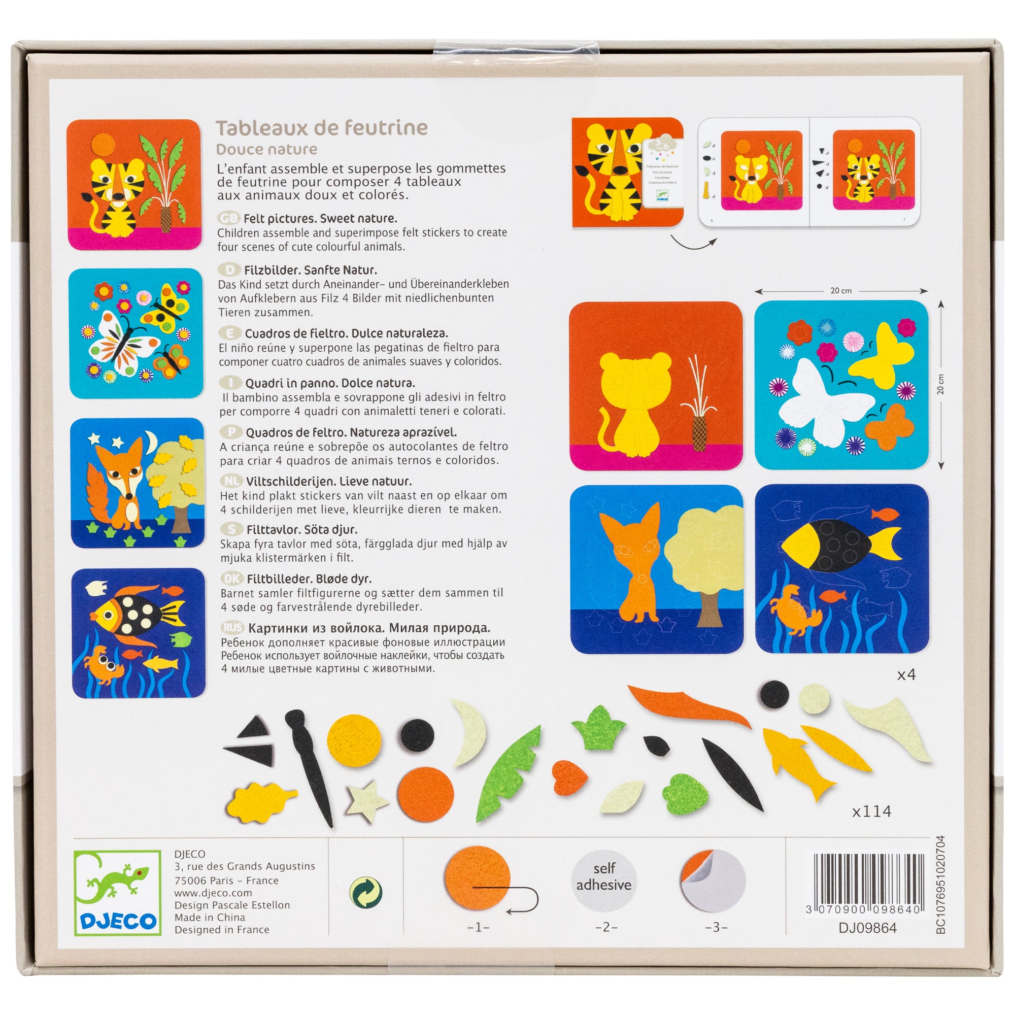 The Djeco Sweet Nature Felt set box back. On the left and down are pictures of the completed projects. From the top down is a tiger, butterflies, a fox, and a fish. On the right, it shows the boards and contents of each set. The instruction book is open at the top to show the steps of assembling.