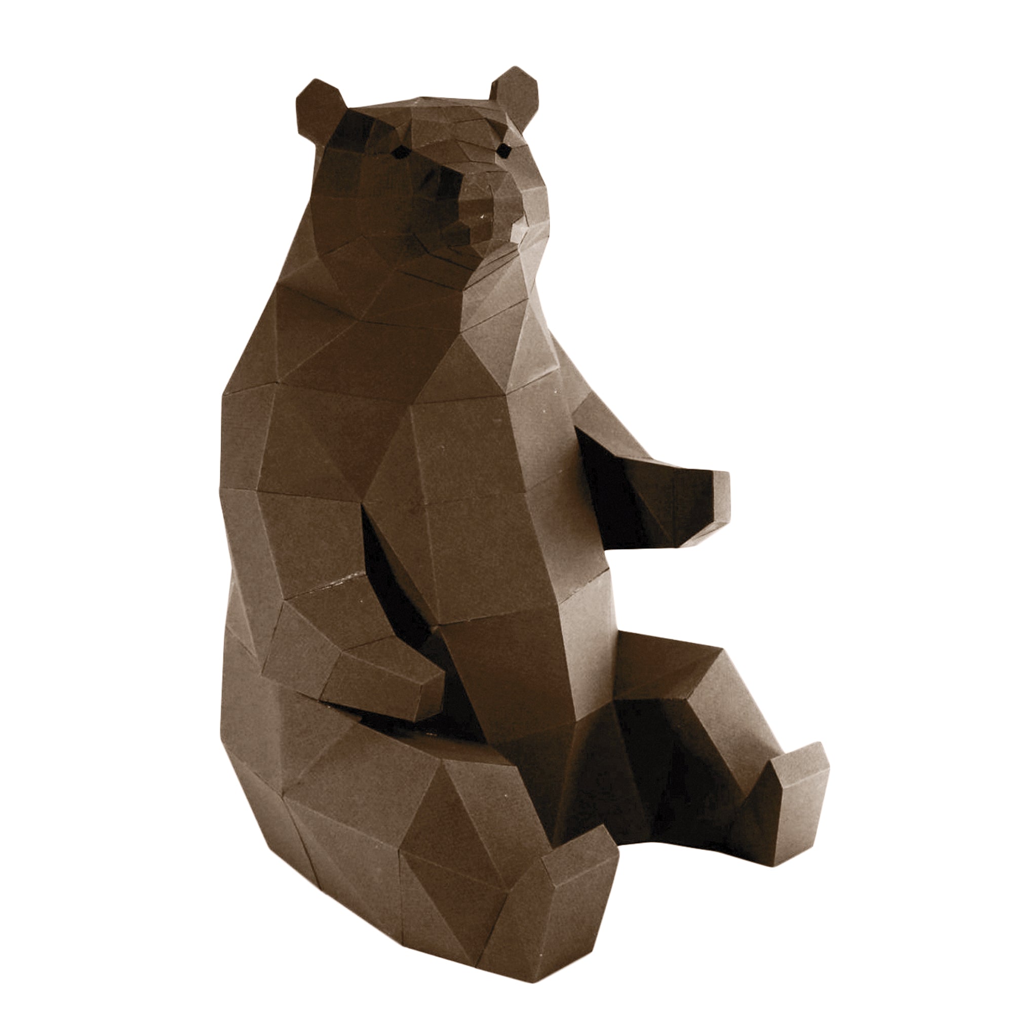 Dark brown Geometrical-shaped Papercraft bear that is folded and cut paper pieces glued together with a white background.