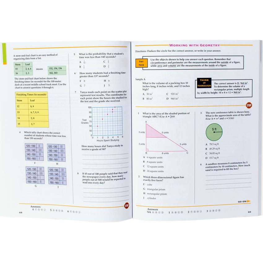 Test Prep Grade 8 book open to show inside pages. The left page has 3 multiple choice questions, 2 sentence questions, and several graphs and tables. The right page, titled “Working with Geometry,” has a sample question at the top, 2 multiple choice questions, 1 sentence question, and 2 shapes with measurements graphics.