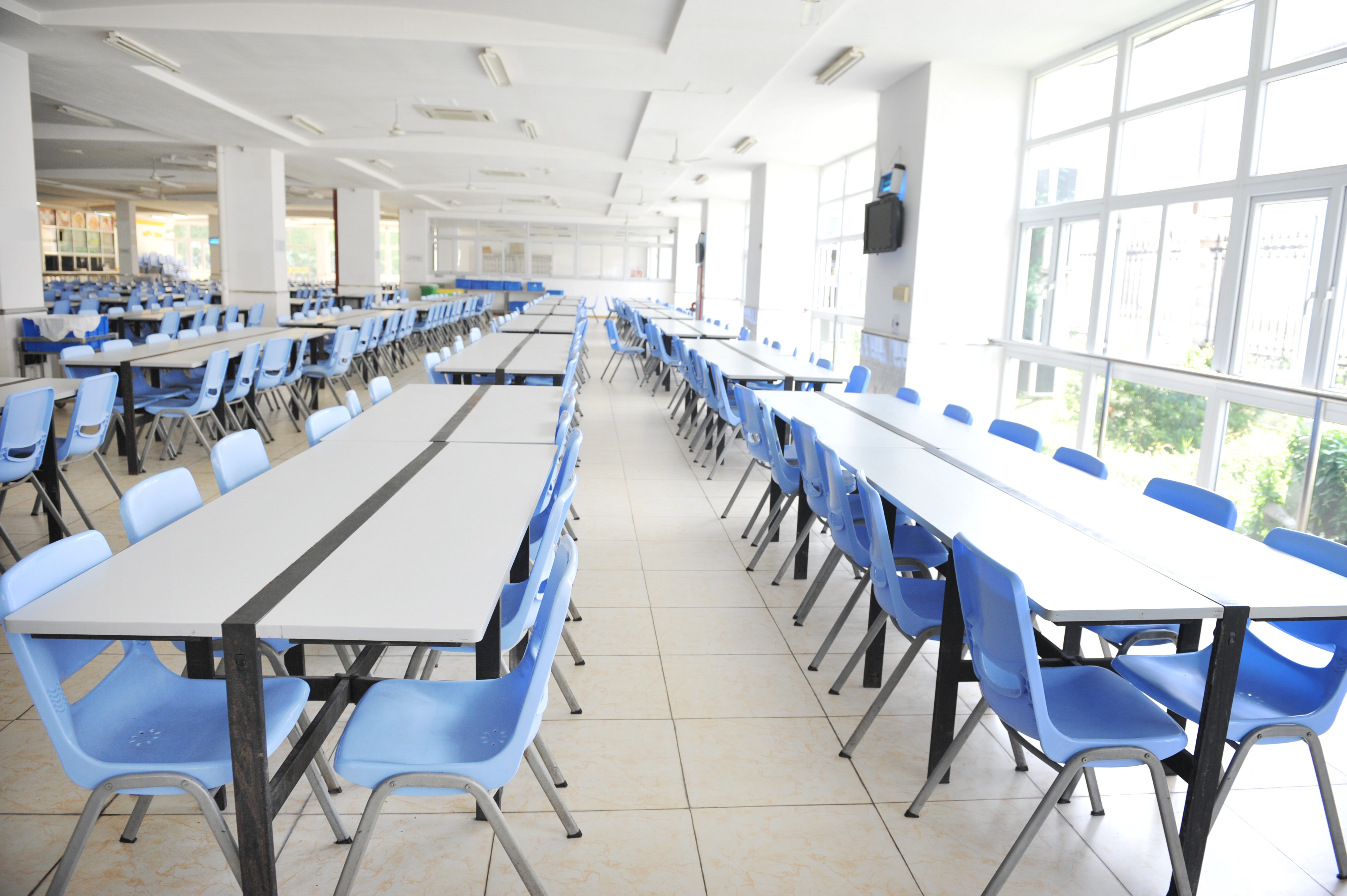 Line of school tables and chairs for kids to sit at, in front of a wall of windows