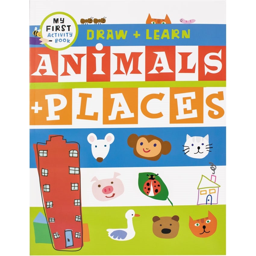 Draw + Learn Animals + Places cover. The cover has thick strips across the cover in different colors. There are colored doodles of a skyscraper, ants, cats, a bear, a goose, a monkey, a mouse, a caterpillar, a house, and a bee with a pencil.