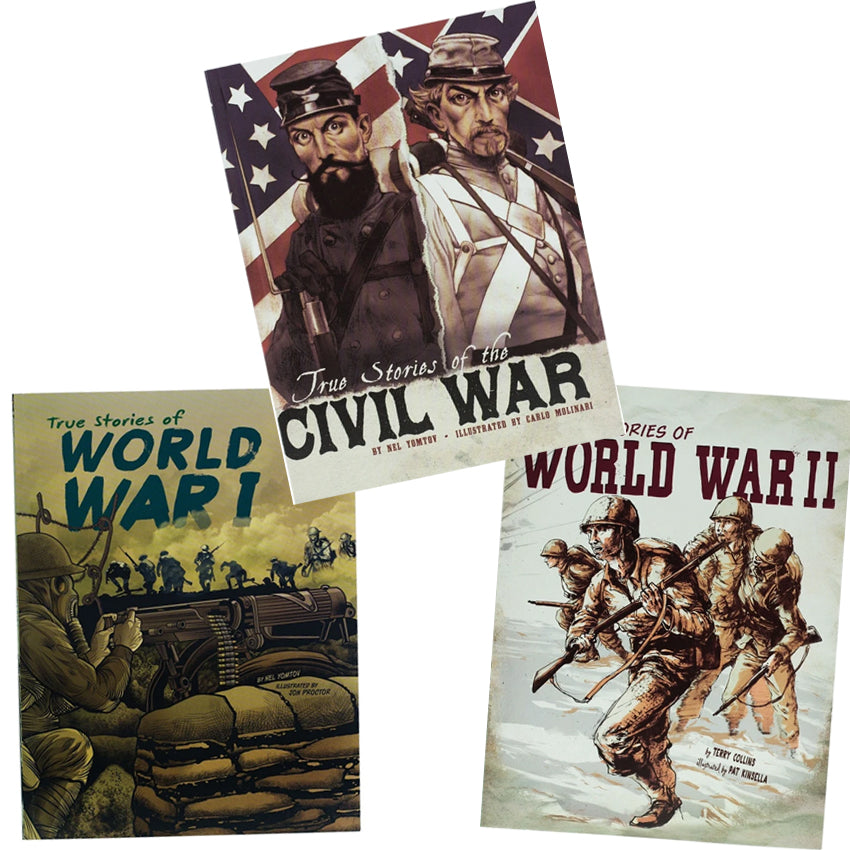 True Stories of War, set of 3 graphic novels. True Stories of World War 1 (bottom-left) shows a man controlling a war gun while soldiers head into battle. True Stories of the Civil War (top-middle) shows 2 soldiers divided. The left soldier stands in front of the American flag. The right soldier stands in front of a Confederate flag. True Stories of World War 2 (lower-right) shows 4 soldiers on moving through water with their weapons ready. The soldier to the right is holding up another soldier.