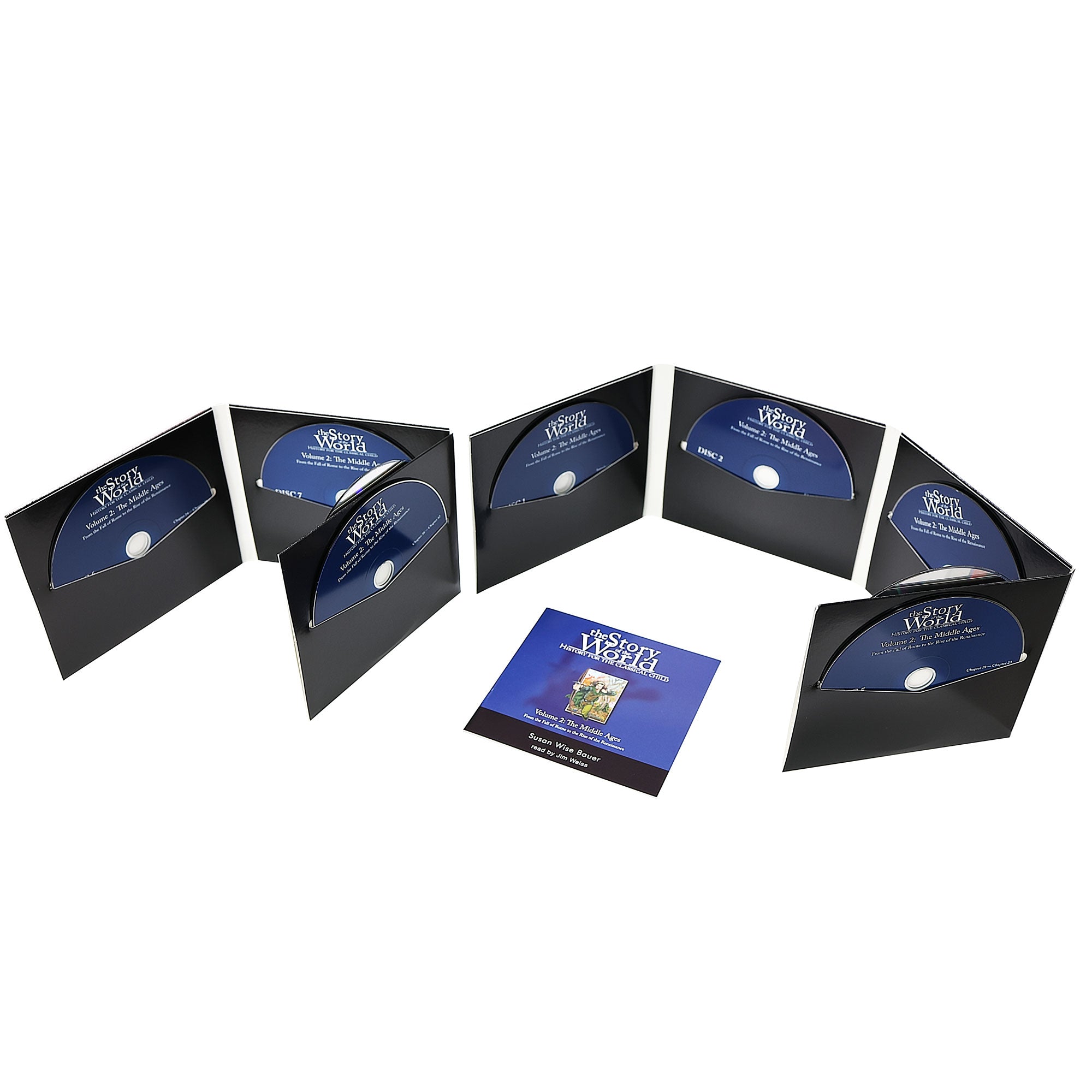 The Story of the World 2 audio book contents spread out over a white surface. 2, long, black cardstock panels standing up and spread out. one containing 4 visible CD’s and the other containing 5 visible CD’s. Laying in front is the manual booklet. The cover is mainly blue with a black bottom, white text, and a small illustration in the middle. The illustration is of Robin Hood in a forest pulling back on a bow, in the process of shooting an arrow. He is wearing a green outfit and cape. 