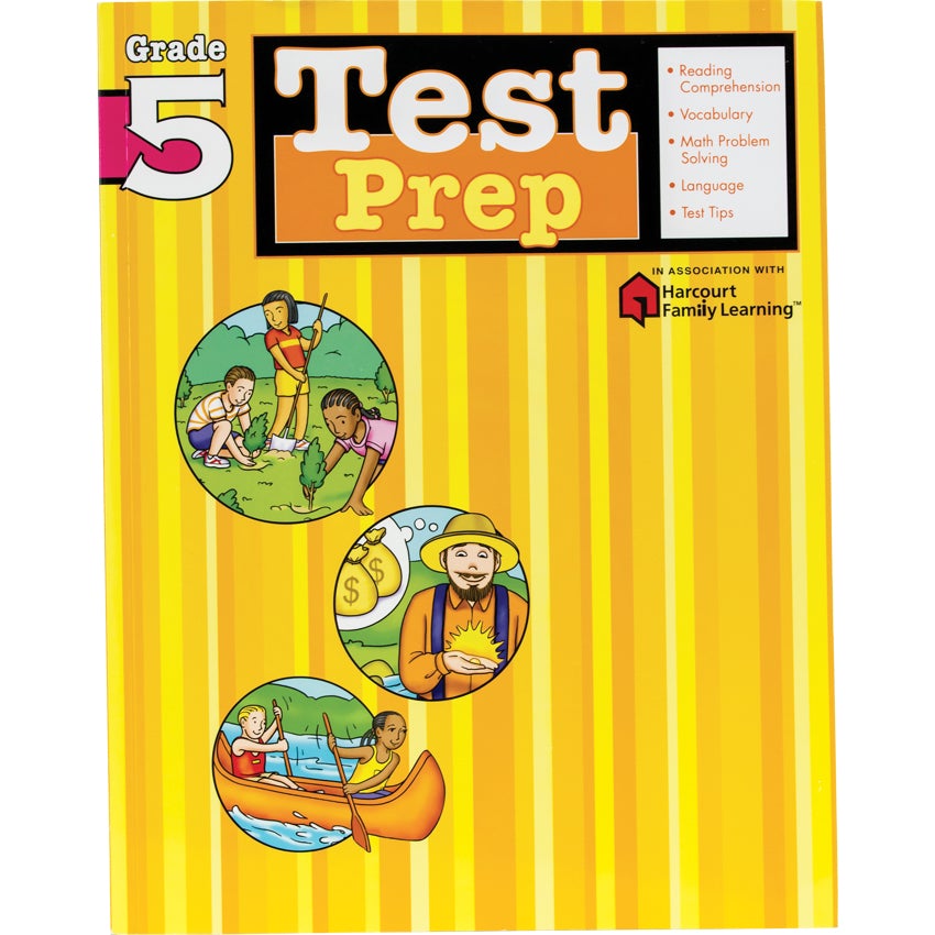 Test Prep Grade 5 book. The background is striped with different shades of yellow. The title at the top is next to a list of items covered in the book, including; Reading Comprehension, Vocabulary, Math Problem Solving, Language, and Test Tips. Below and to the left are 3 illustrations in circle frames. The top is of 3 children planting trees, the middle is of a man holding a shiny coin, and the bottom is of 2 children paddling a canoe.