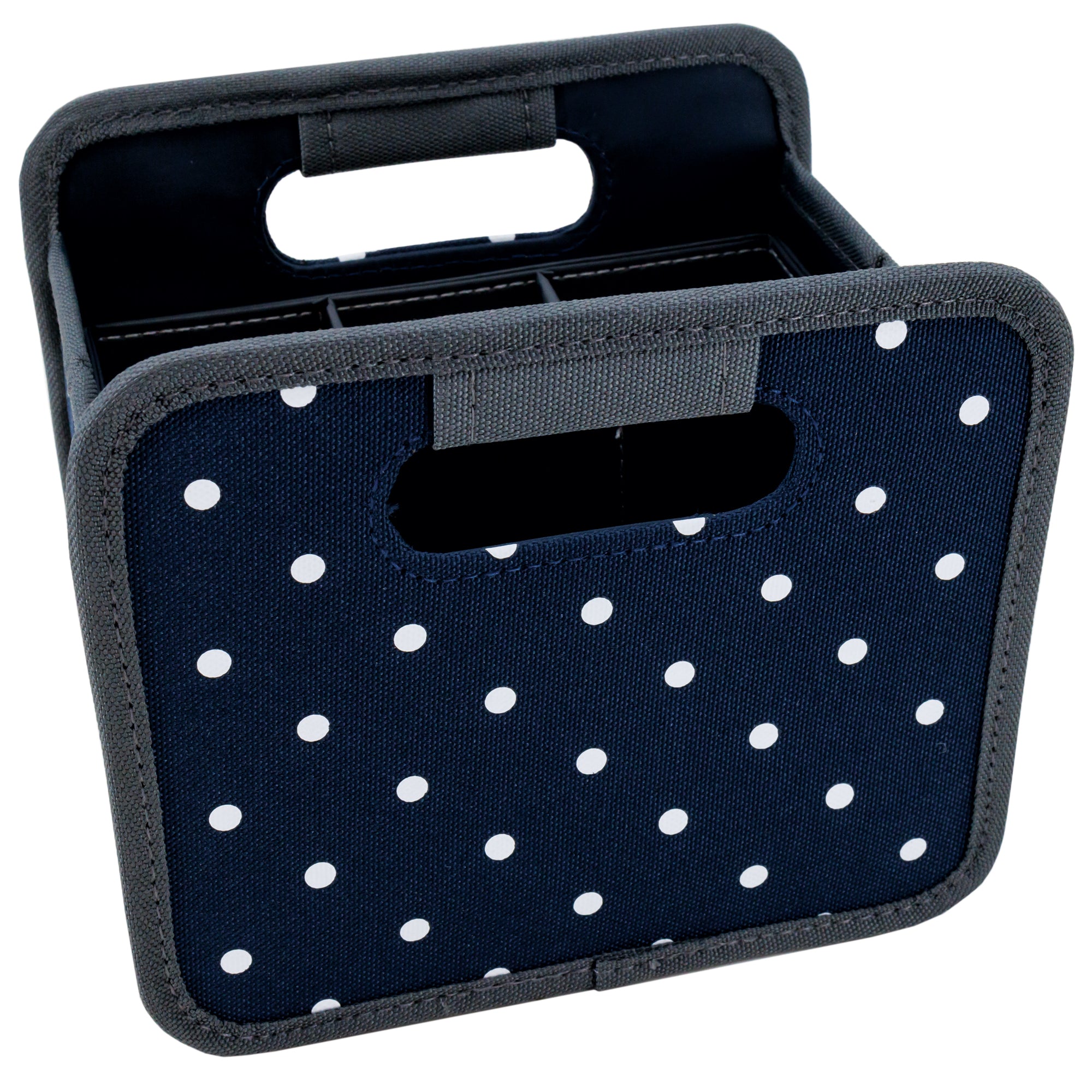 Navy blue with white polka dots colored Meori storage box with insert.