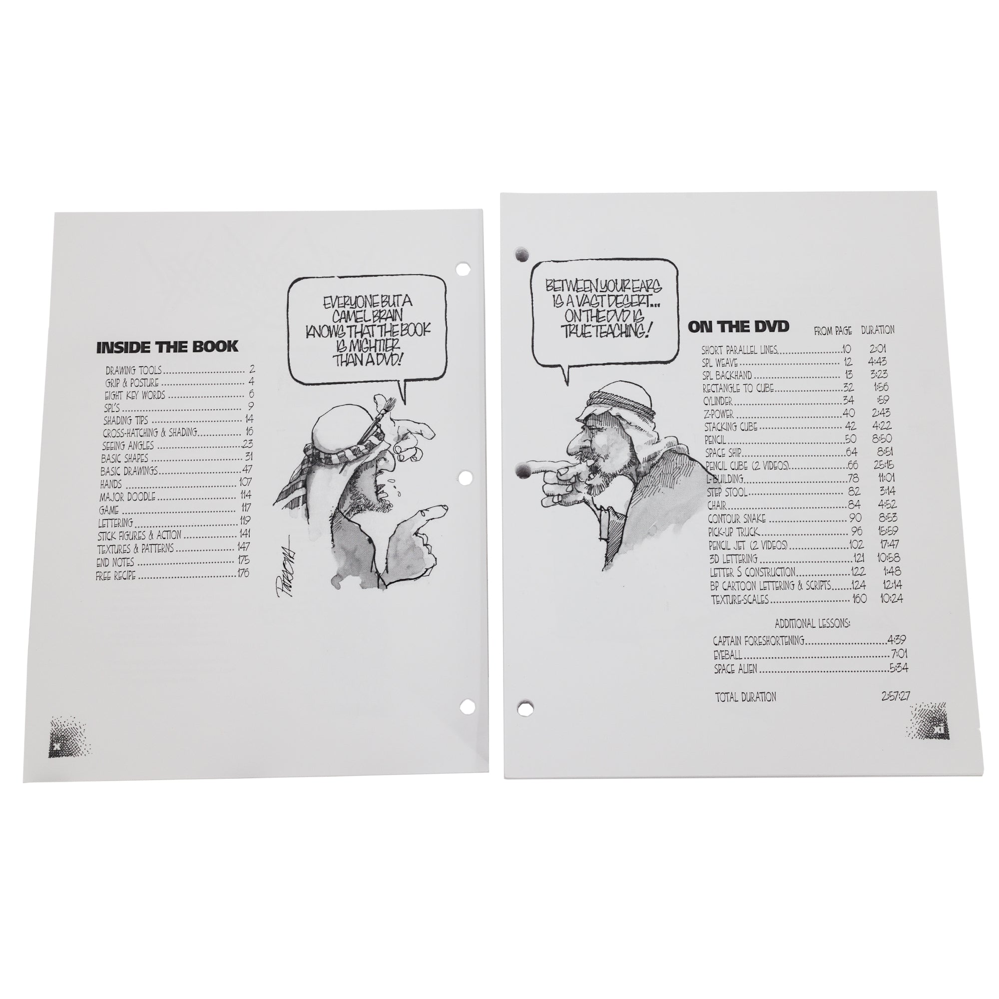 2, 3-hole punch contents pages of Simply Draw with Bob Parsons. The left page shows the contents for the book with a sketch of a man with an Arabian head wrap pointing at a man on the next page that also has an Arabian head wrap. They are arguing about whether a book or a DVD is better. The right page show the contents of the DVD.