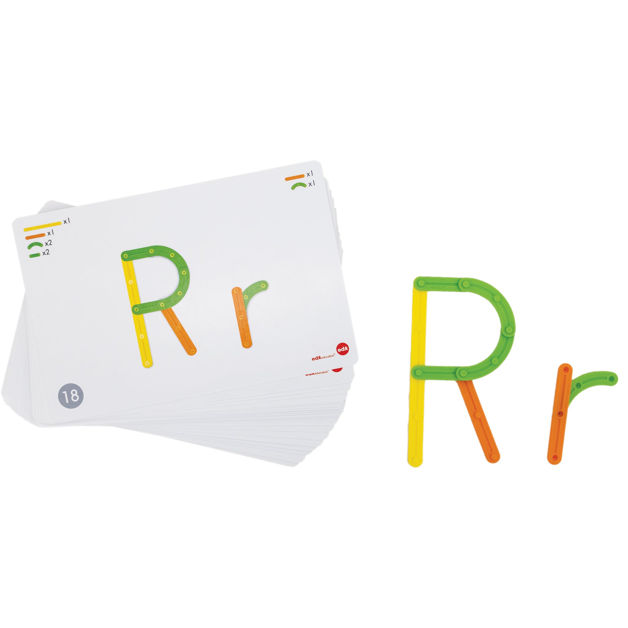 GeoStix Letter Construction activity cards stacked on the left showing a capital and lowercase R. On the right are the capital and lowercase R’s created with the GeoStix pieces. The straight and curved pieces that make up the letters are green, yellow, and orange. The straight and curved pieces are in many colors and snapped together to create the shapes.
