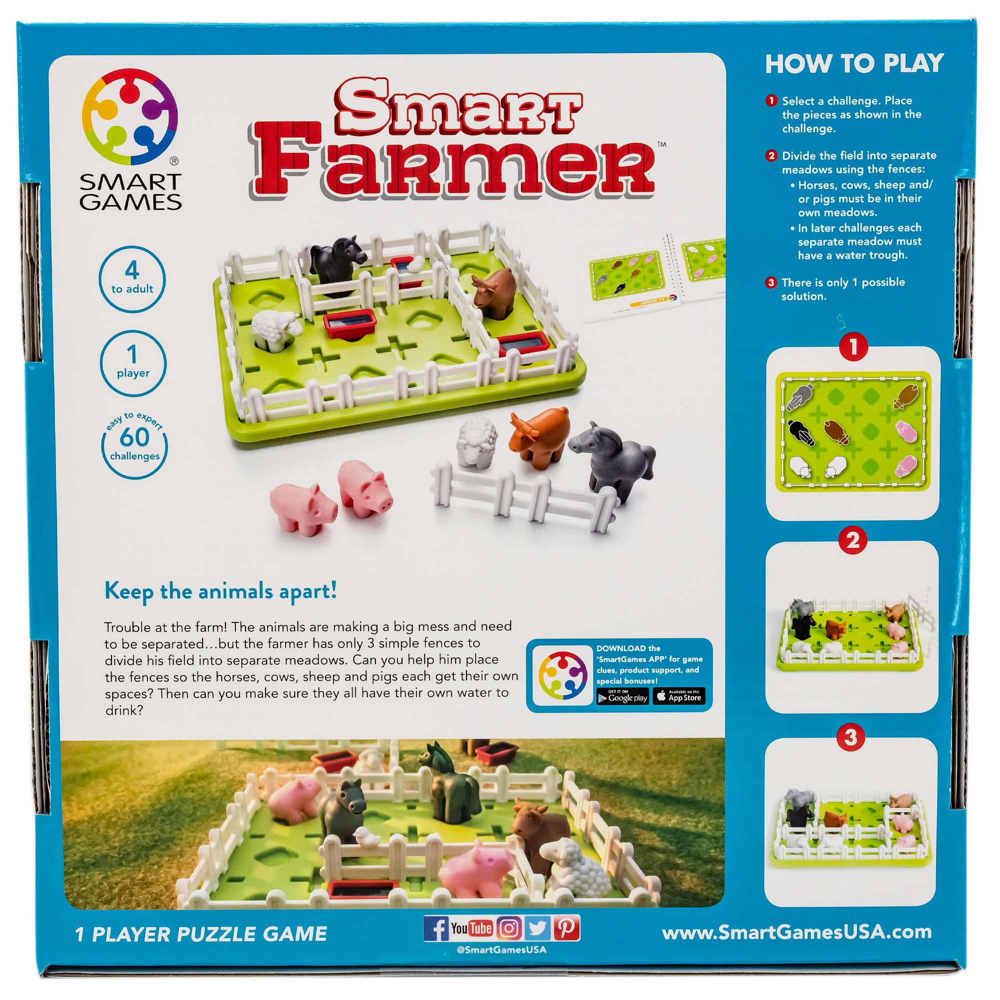 Smart Farmer game box back. The main photo shows the game components. The green rectangle-shaped game board has white fence pieces all around the edge and a few through the middle. You can see a horse, cow, sheep, feeding dishes inside the fence. Off to the side are a horse, cow, sheep, fence piece, and 2 pigs. Off to the right is the instruction booklet open to show challenges. Below is another picture of the game setup on grass. On the right are 3 images showing how to play the game.