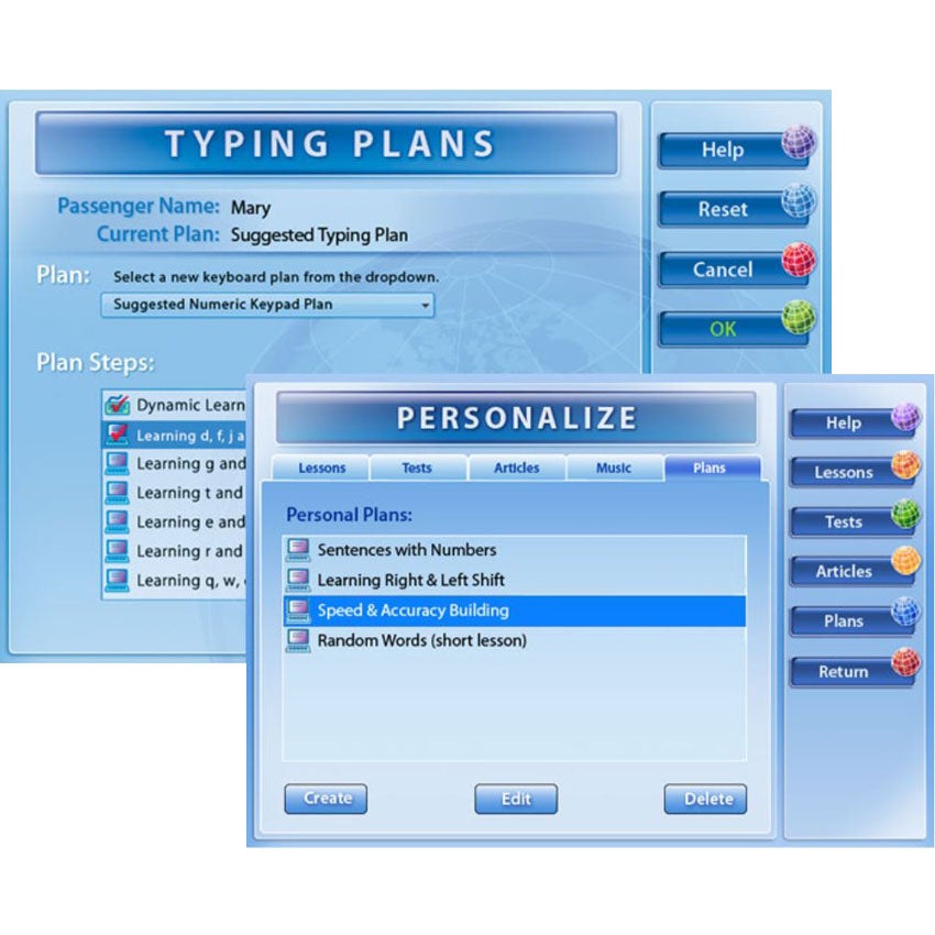 Typing Instructor screenshot of 2 light blue windows showing schedules and plans for your student. The back window is titled "typing plans" with the name and plan type. The front window is titled "personalize" with plan options. Each window has menu options to the right of the window.
