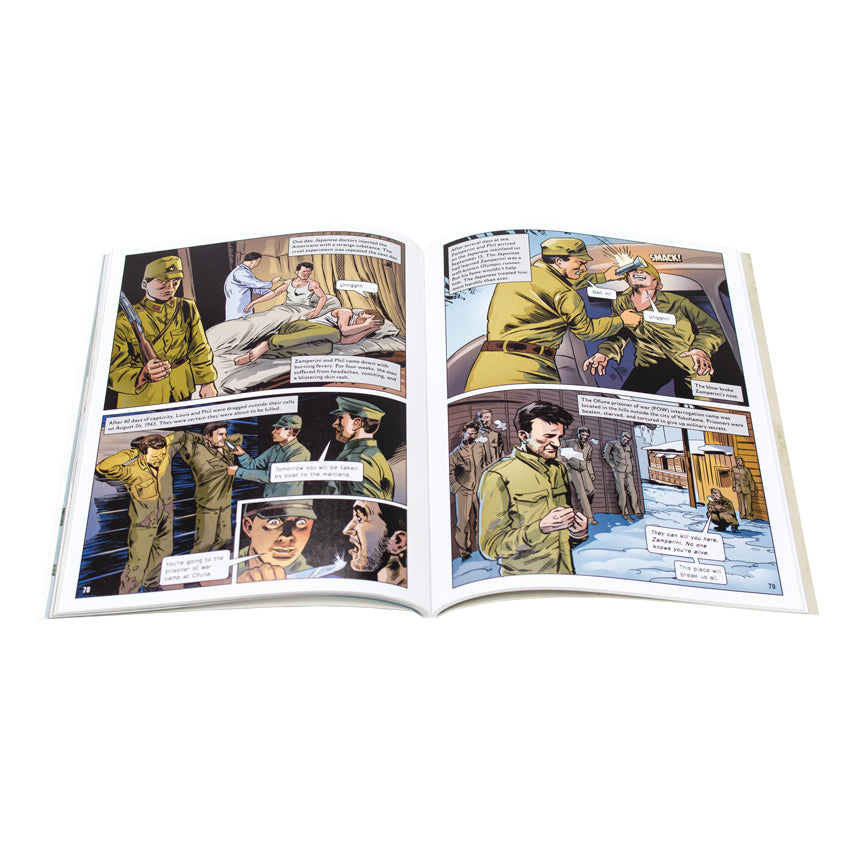 Amazing World War 2 Stories book open to show inside pages. The book is a comic book style layout with squared illustrations and talk bubbles. The pages show moments of Louis Zamperini being threatened and assaulted when he was a prisoner of war.