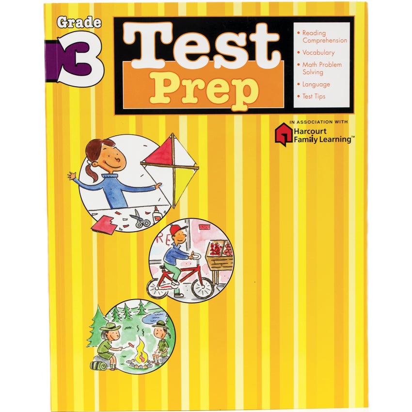 Test Prep Grade 3 book. The background is striped with different shades of yellow. The title at the top is next to a list of items covered in the book, including; Reading Comprehension, Vocabulary, Math Problem Solving, Language, and Test Tips. Below and to the left are 3 illustrations in circle frames. The top one is of a girl making a kite, the middle and slightly right is a boy riding his bike past a grocery shop, and the bottom is of 2 children around a camp fire.