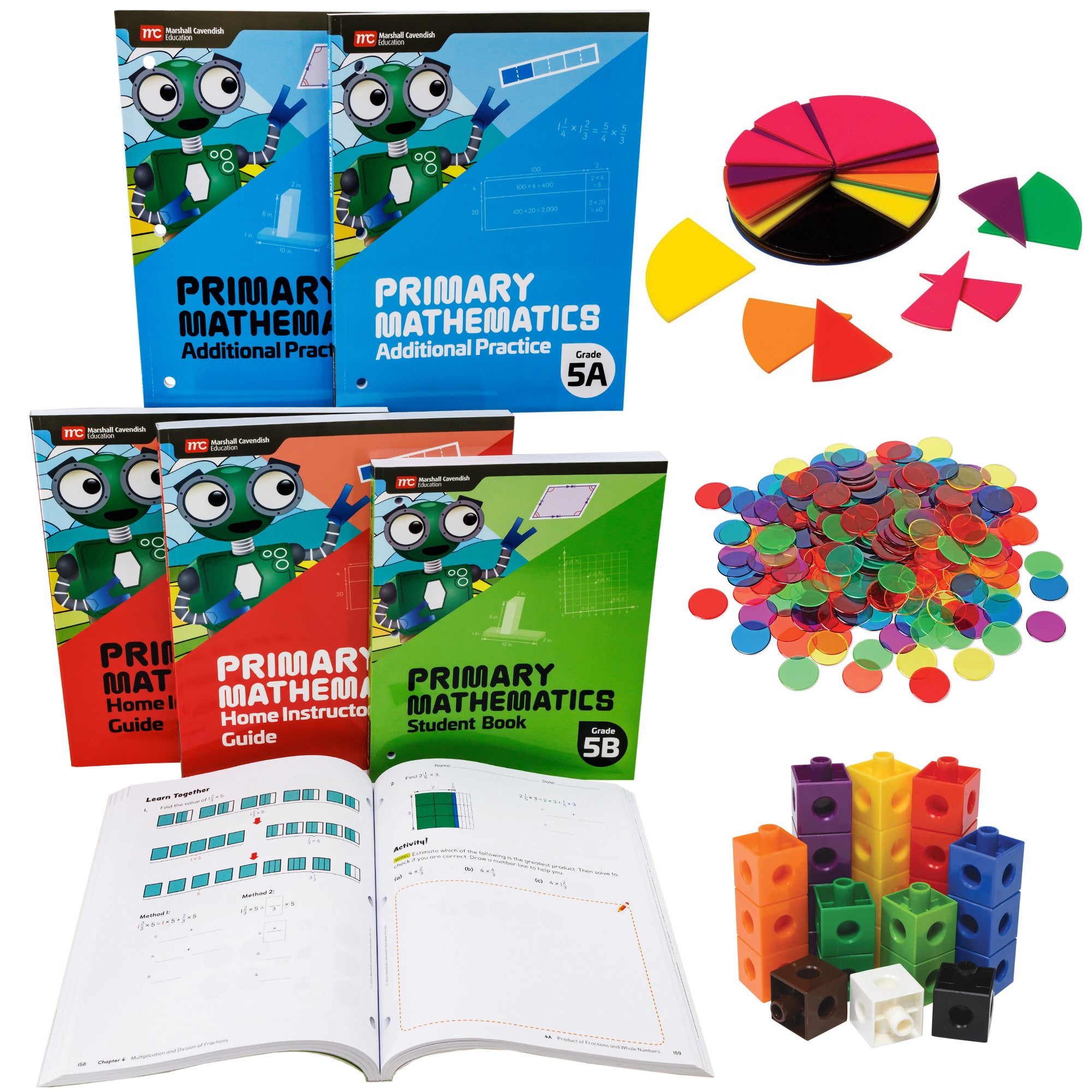 Singapore Primary Mathematics fifth grade Set. On the left are 6 books with a robot on each cover. Top row shows 2 blue books. Middle row shows 3 books; 2 red and 1 green. On the bottom is one open book showing math problems. On the right are manipulatives in a variety of colors. Top shows fraction pieces. Middle shows transparent round tokens. Bottom shows connected blocks.