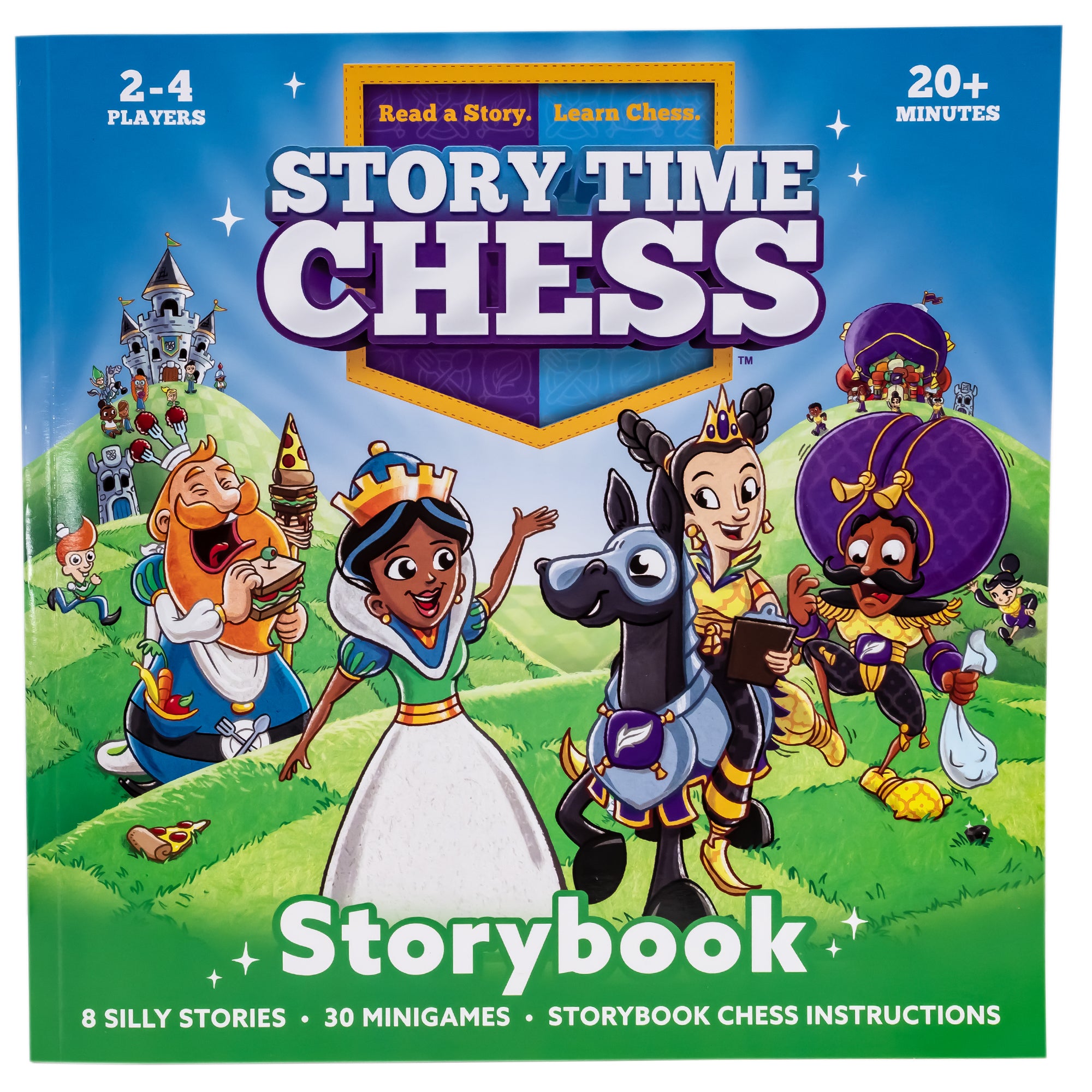 Story Time Chess Storybook cover showing a blue-sky background with green patchwork hills. There is a tall hill on each side with a castle on each. The left castle is standard with spires and flags. The right castle looks like a purple hot air balloon. Many characters are coming out of each castle and running to the front, some smiling, waving, and some riding horses. The 2 Queens are front-middle and smiling at each other. The left Queen is on a horse. Behind them are the Kings.