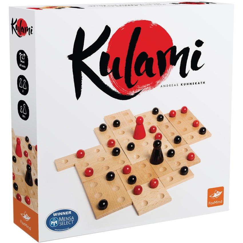 Kulami game box showing the top and side. The box is white with a large, red, brush painted dot in the middle of the game title at the top. The setup game on the box shows many square and rectangle wood pieces with divots to place black and red marbles. The wood pieces are placed randomly against each other for form a gapless board. The marbles are randomly placed on top with 2, larger, cone-shaped pieces with a rounded top in the middle; 1 red, and 1 black. The box side shows the logo and game image.
