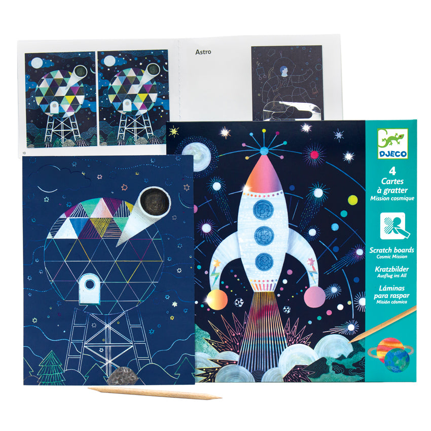 Djeco Cosmic Mission Scratch Boards package with some contents stacked. On the top is the instruction book open to show steps of the projects. Below and to the left is a project of a geometrical round building on with a telescope coming out the top. On the right is the packaging cover. It is dark navy blue and a teal border with white text on the right. The main image is a rocket taking off with a burst of stars and colors. The rocket has 3 round windows showing a woman, man, and a monkey.