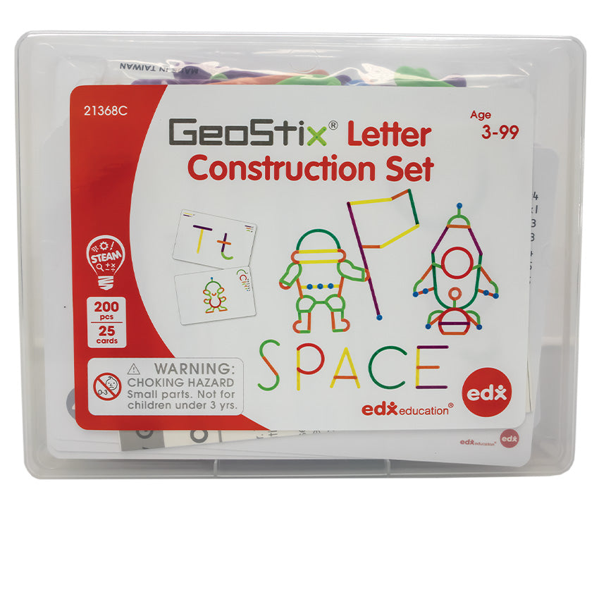 GeoStix Letter Construction Set box. The box is clear with a label over the top. The label is mostly white with a curved red border on the left. The box says that there are 200 pieces with 25 activity cards. Under the title at the top, there are 2 sample cards shown; the letter T, and an alien creature. To the right of the cards are 3 construction projects using the GeoStix pieces; an astronaut with a flag, a rocket ship, and the word space spelled out.