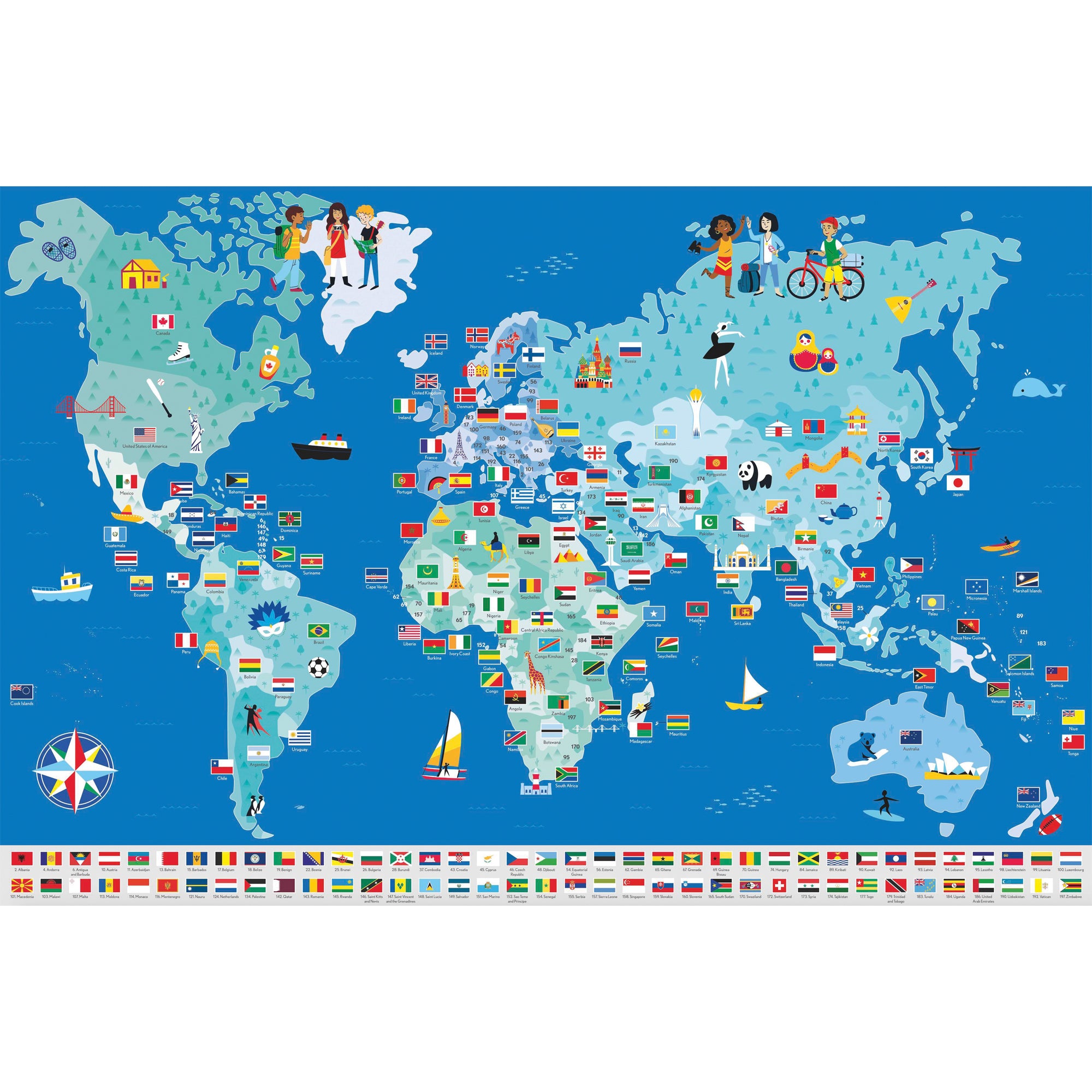 World map with flags of the world stickers placed onto the map. Map is mainly blue colors with colorful graphics of children and country-related items placed throughout.