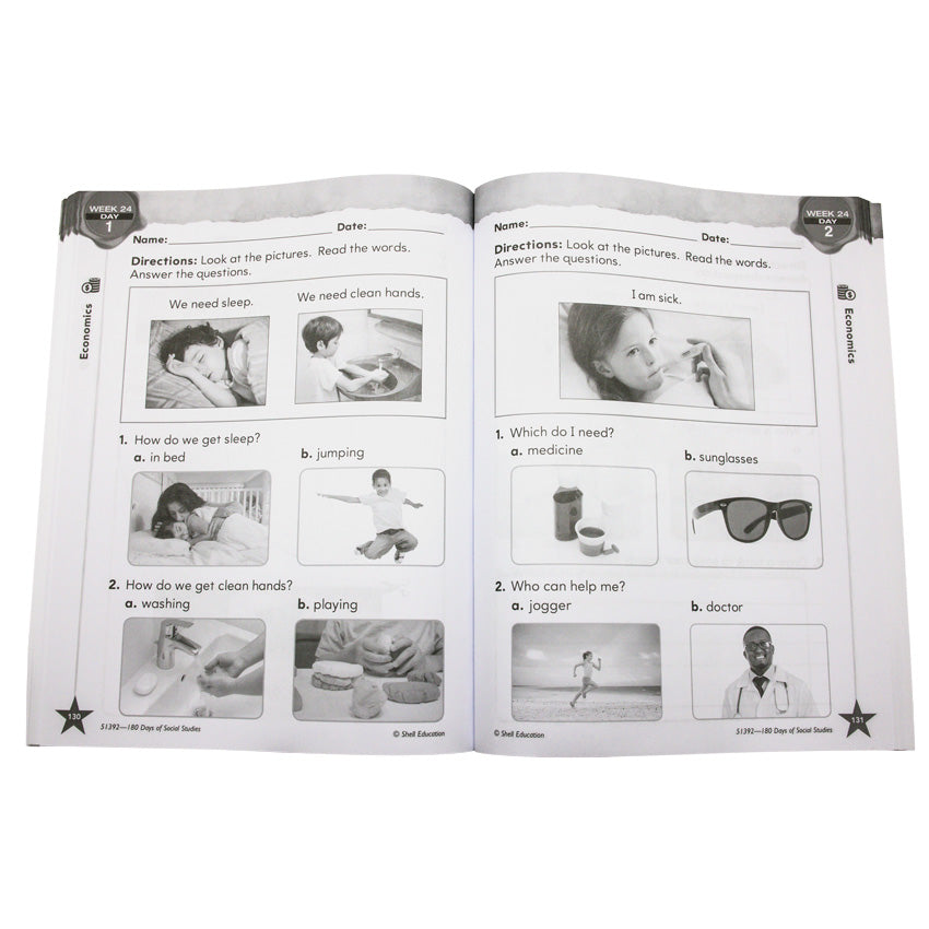 180 Days of Social Studies for Kindergarten book open to show inside pages.  Each page shows 6 pictures and instructs you to look at the pictures, read the words on the page, and answer the related questions. The left page is about sleeping and washing hands. The right page is about being sick.
