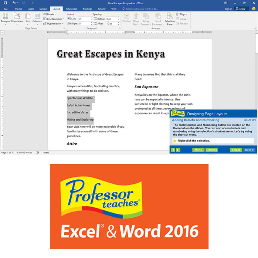 Professor Teaches Super Set DVD-Rom screenshot of the Excel & Word 2016 tutorial. Screen shows Microsoft Word open. The document title is "Great Escapes in Kenya" and there is text below. In the lower-right of the screen is a tutorial window with instructions titled "Designing Page Layouts."