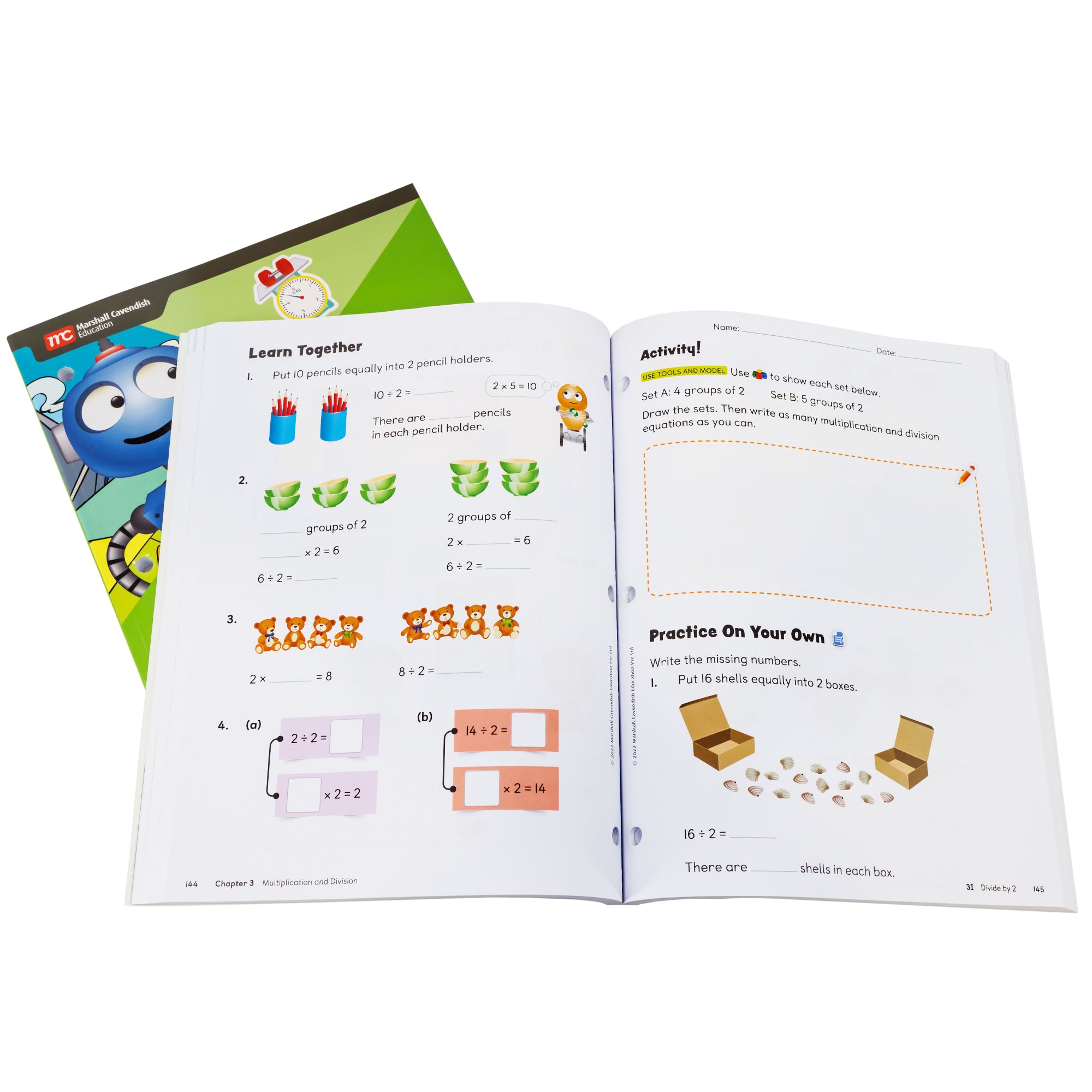Singapore Primary Math third grade books. On top is an open book showing math problems with illustrations of pencil cups, bowls, teddy bears, a robot, and boxes with sea shells scattered. Under the open book and to the left is a closed book with a robot and green background.
