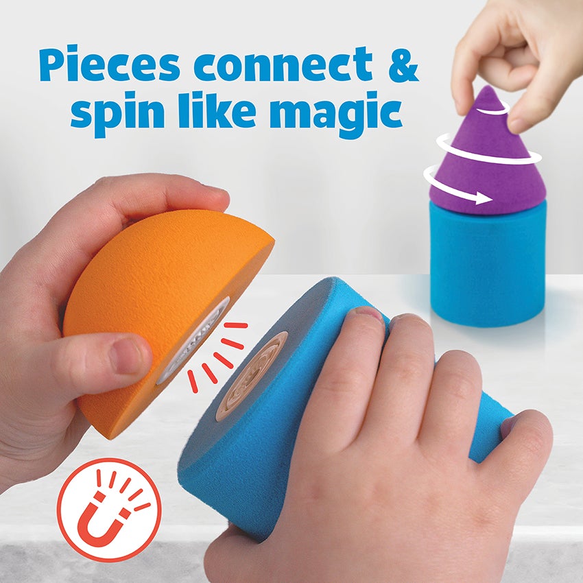 Block-a-Roo Once Upon a Stem blocks. The main part of the picture shows toddler hands holding an orange half circle piece and a blue cylindrical piece with red motion lines between the 2, illustrating that they are magnetic. In the background is a toddler hand spinning a purple cone shaped piece on top of a blue cylindrical piece. There is a magnet icon in the lower-left of the picture. The text at the top reads “pieces connect and spin like magic.”