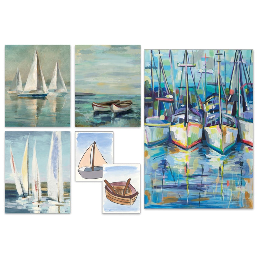 Two Stick Shadows Paint Kit, boats. On the left are 2 medium canvases at the top; 1 with 3 sailboats, and 1 with 2 row boats. Below is 1 medium canvas with 4 sailboats, and 2 small, overlapping, canvases; 1 of a sailboat and 1 of a row boat. The large canvas on the right shows 4 boats parked in a marina.