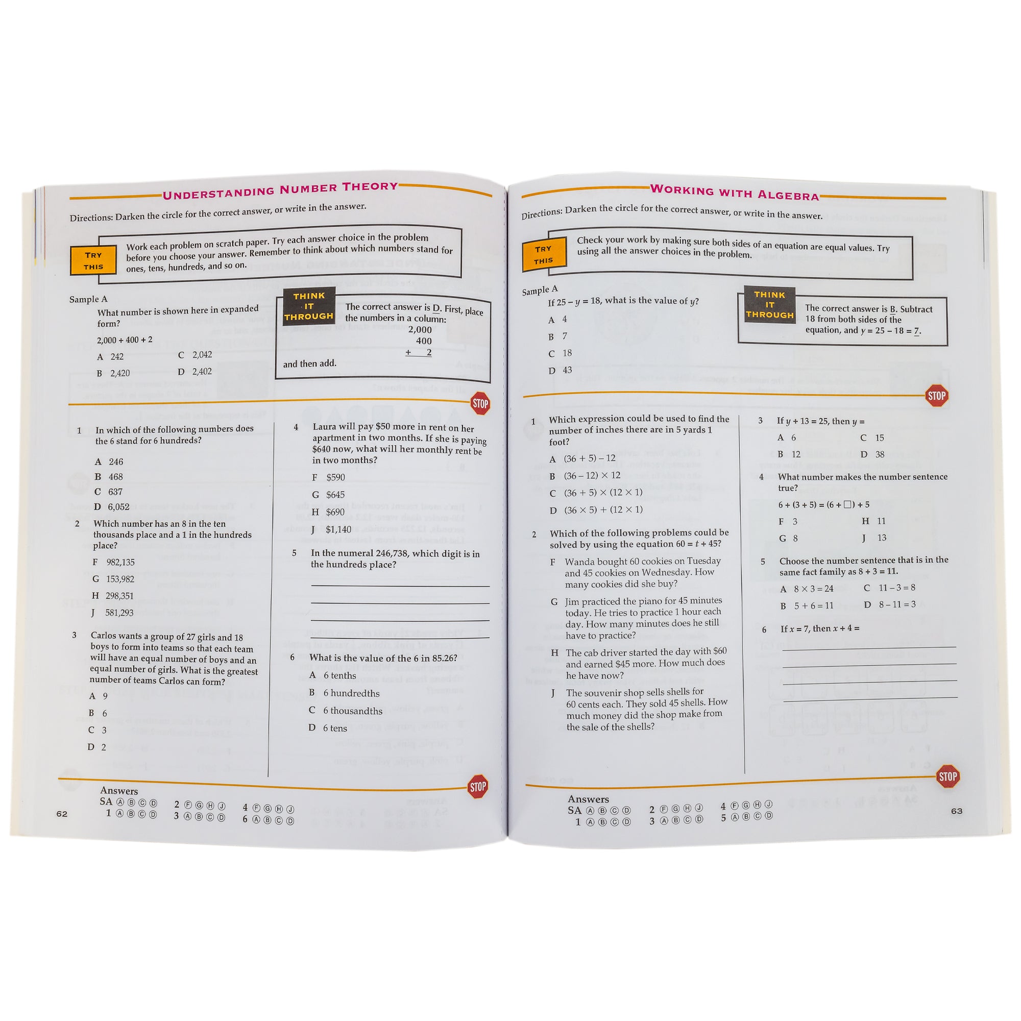 Test Prep Grade 5 book open to show inside pages. The left page has a sample question at the top, 5 multiple choice questions, and 1 sentence question. The right page also has a sample question at the top, 5 multiple choice questions, and 1 sentence question.
