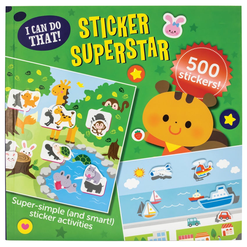 Sticker Superstar cover. The cover is green with darker colored stars in the background. There is a chipmunk illustration under the words "500 stickers." Over the lower part of the chipmunk, there is a sample page of a town and water scene with vehicle stickers. To the left is another sample scene with wild animals near a watering hole in the trees. In the lower-left, there is white text reading "super simple and smart sticker activities."