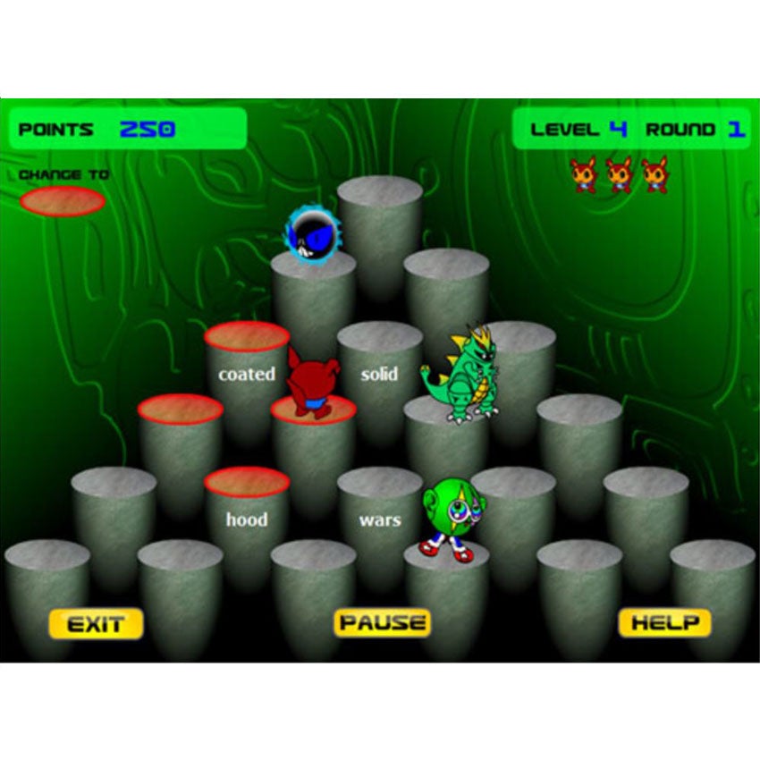 Typing Instructor screenshot of a Q-Bert style room. Cylindrical pillars decrease in numbers as you go up, forming a pyramid. On top of the pillars are creatures. There is a black round floating creature with very large blue eyes, a small dragon creature, a small fox creature, and a green circular creature that has legs and a monocle. The top shows the score, level, and round. The bottom shows game options.